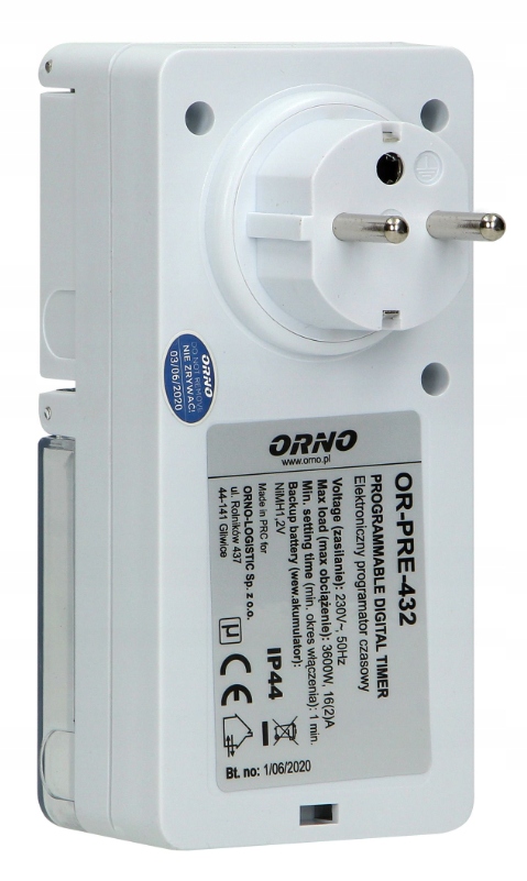 PROGRAMATOR CZASOWY DO GNIAZDA IP44 OR-PRE-432 ORNO Rodzaj programator czasowy