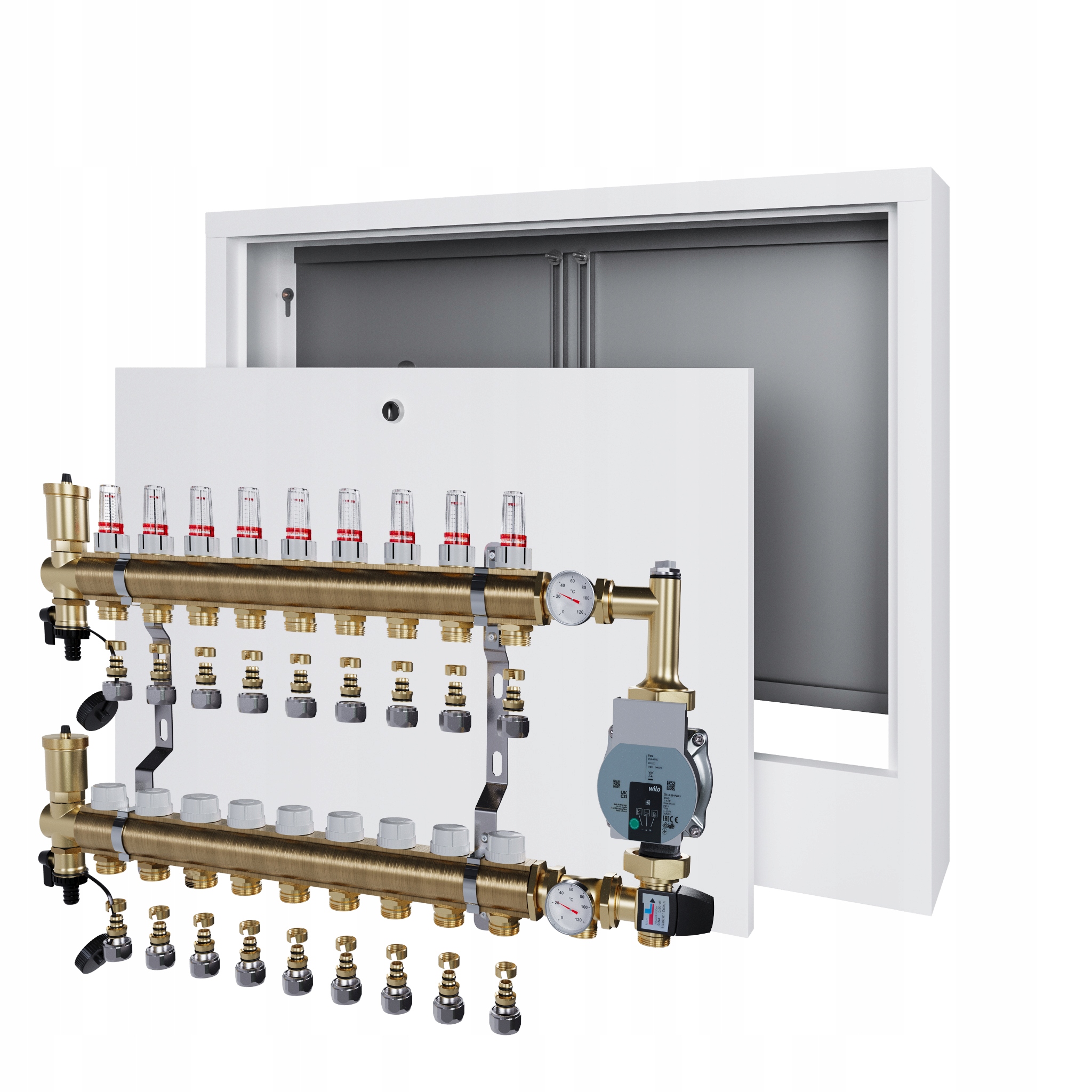Rozdělovač pro podlahovku 9 sekcí s čerpadlem Wilo a nástěnnou schránkou Pex