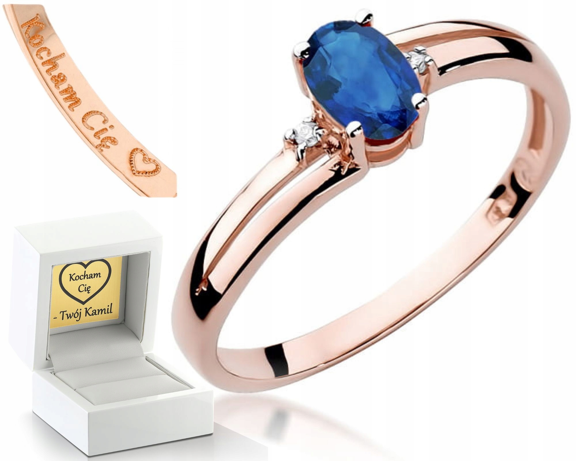 Prstýnek Se Safírem Z Růžového Zlata Gravírování 585