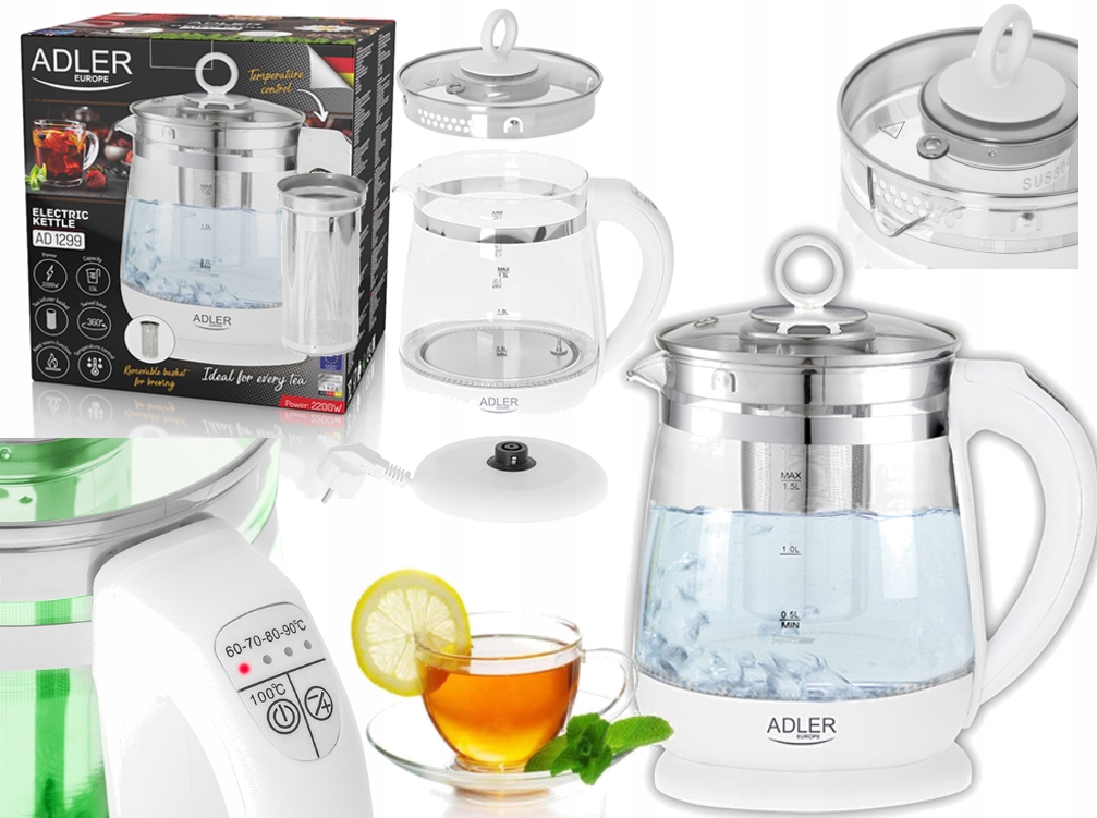 Szklany Czajnik 1,5 L z Zaparzaczem i Regulacją Temperatury AD 1299 White