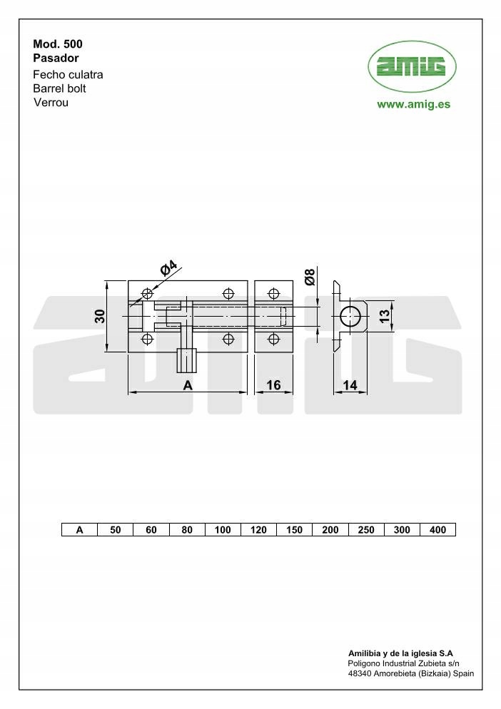 Zasuwka Zasuwa BIAŁA Rygiel Stal 80x30mm Mod.500 Marka AMIG