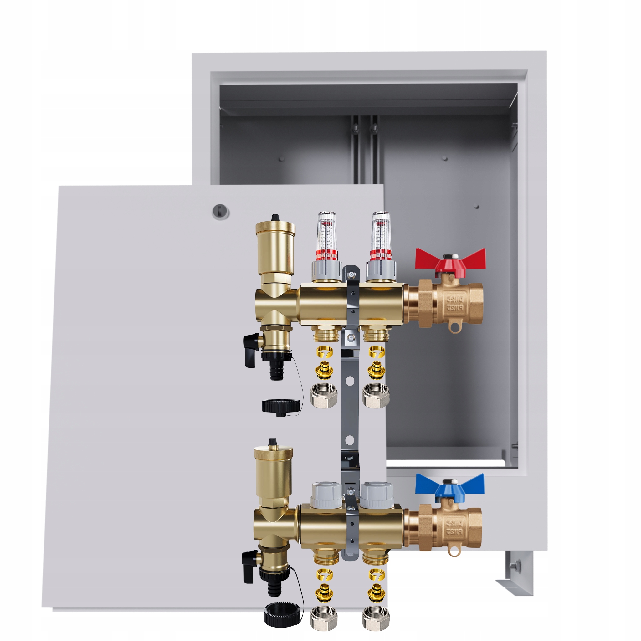 Rozdělovač podlahový mosazný 2 okruhy Podomítková skříň Ventily Pex