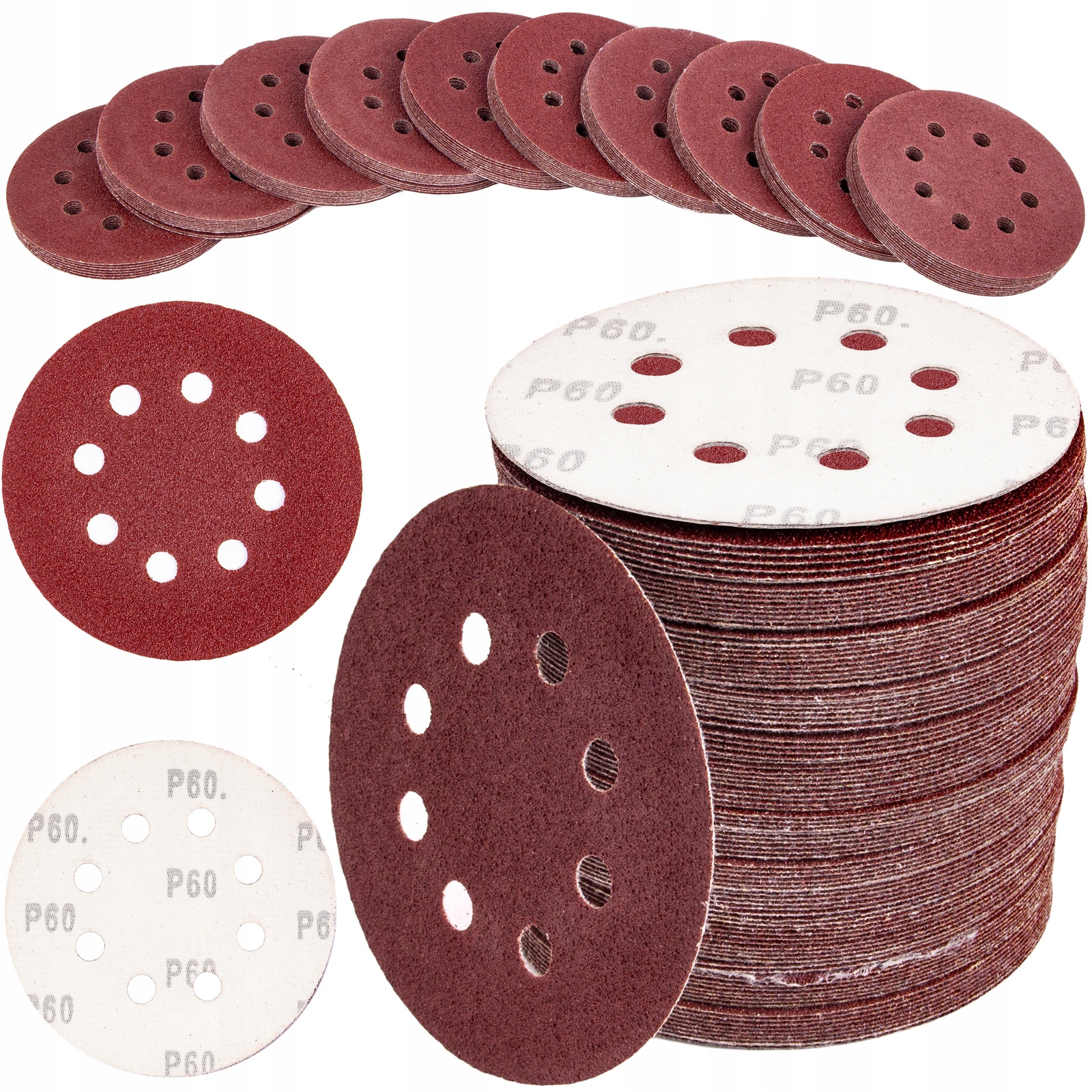 100szt Papier Ścierny P80 125mm Krążki Na Rzep Samoprzylepne Z Otworami