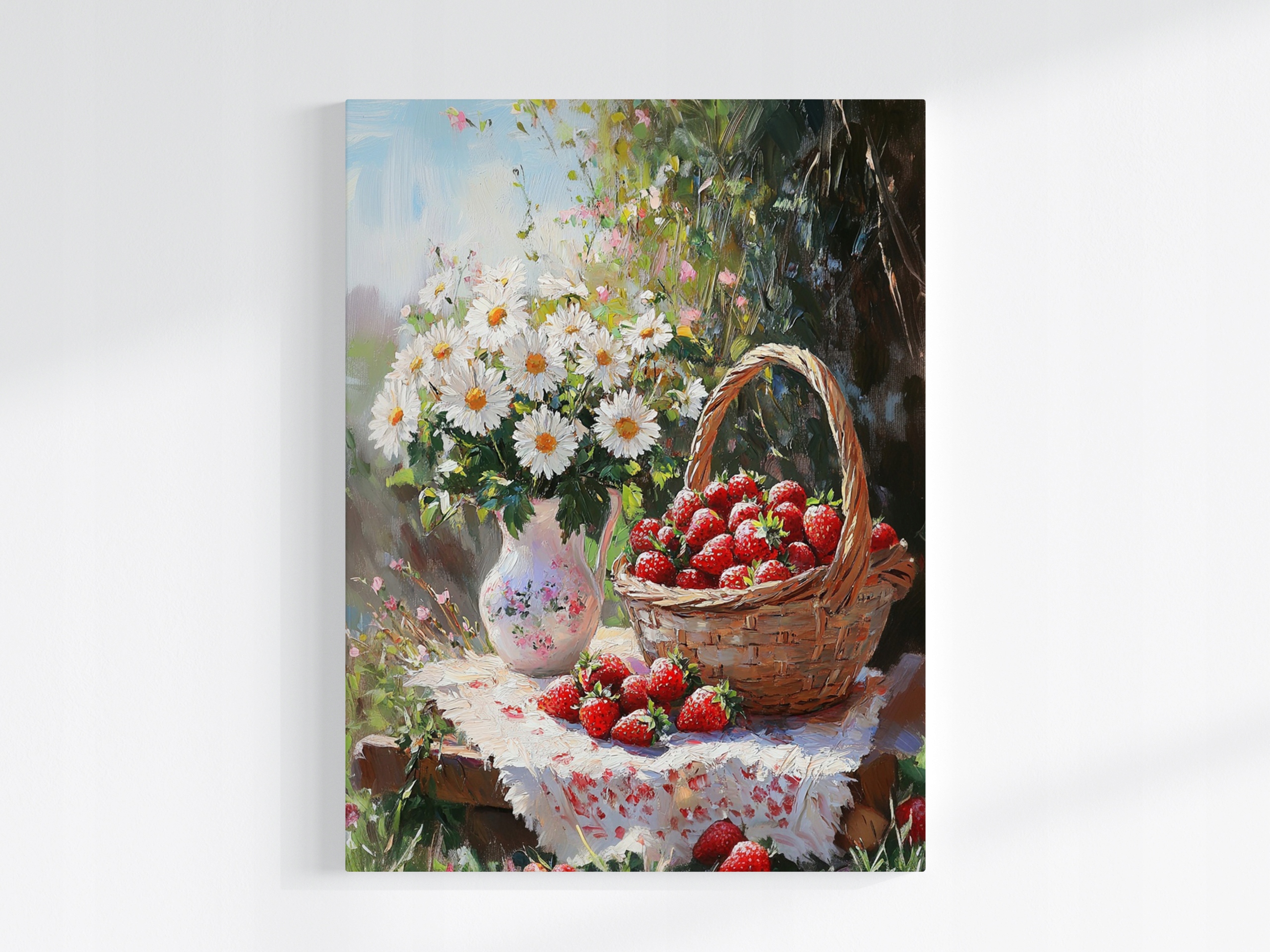 Obraz Na Plátně Canvas Zahrada Léto Květiny Váza Ovoce Koš Jahody 60x80