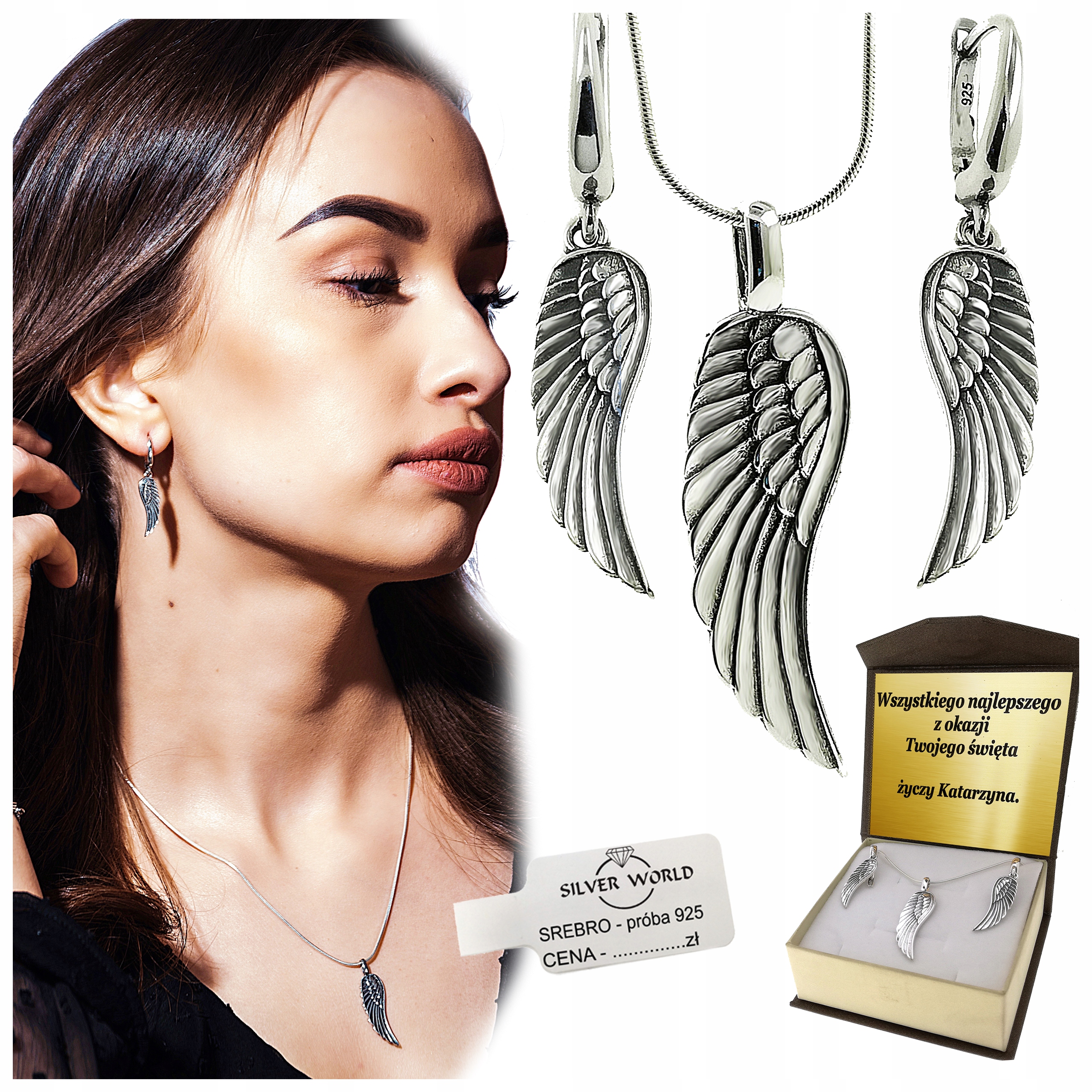 Dámská Sada Stříbrných Šperků 925 Jako Dárek Křídla Gravírování Pouzdro