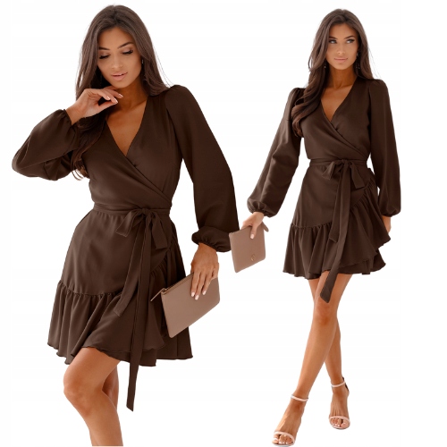 Przekładana Sukienka Mini Falbana Czekolada