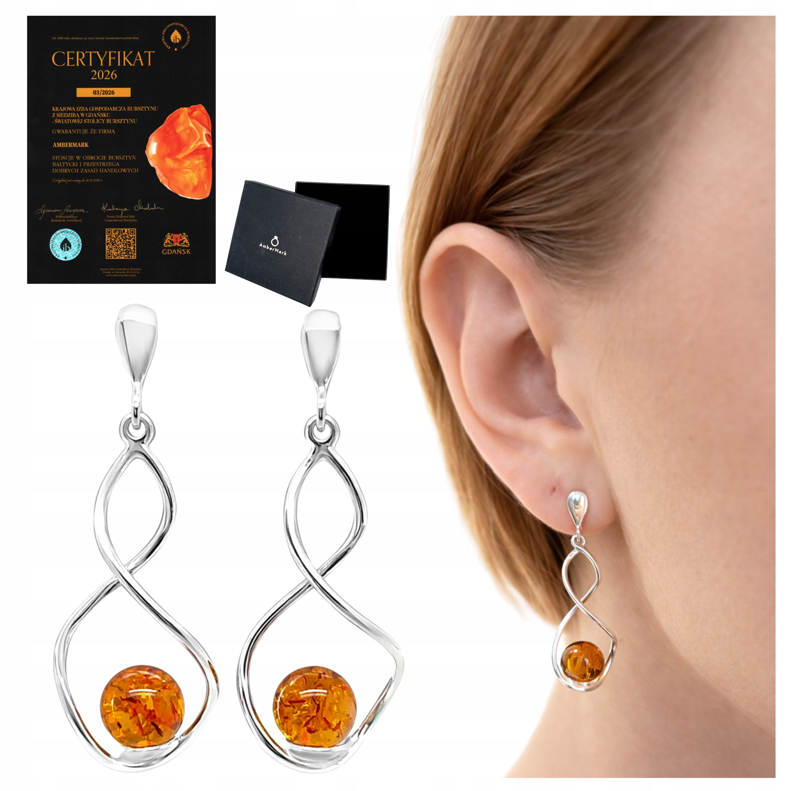 Stříbrné náušnice 925 s koňakovým baltským jantarem, elegantní