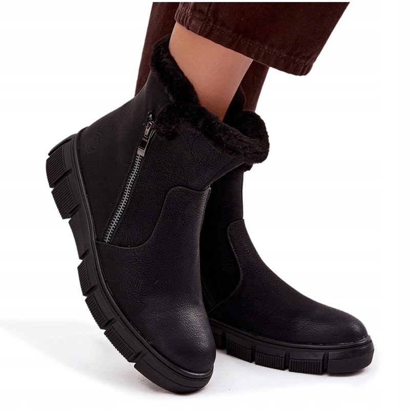 Dámské Eko Kožené Sněhule Na Platformě S Kožešinou, Zipy, Černé, Velikost 37