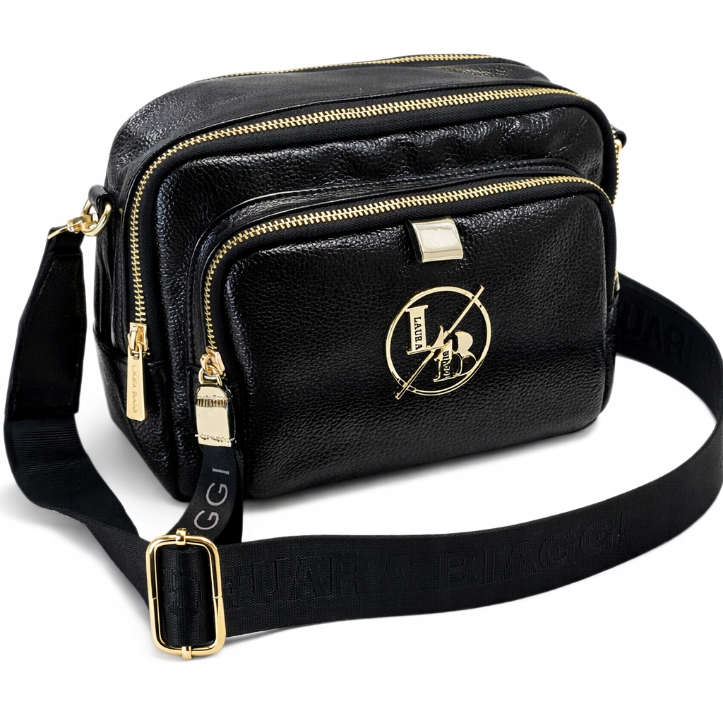 Laura Biaggi Torebka Damska Listonoszka Trzykomorowa Czarna Lakier Logo