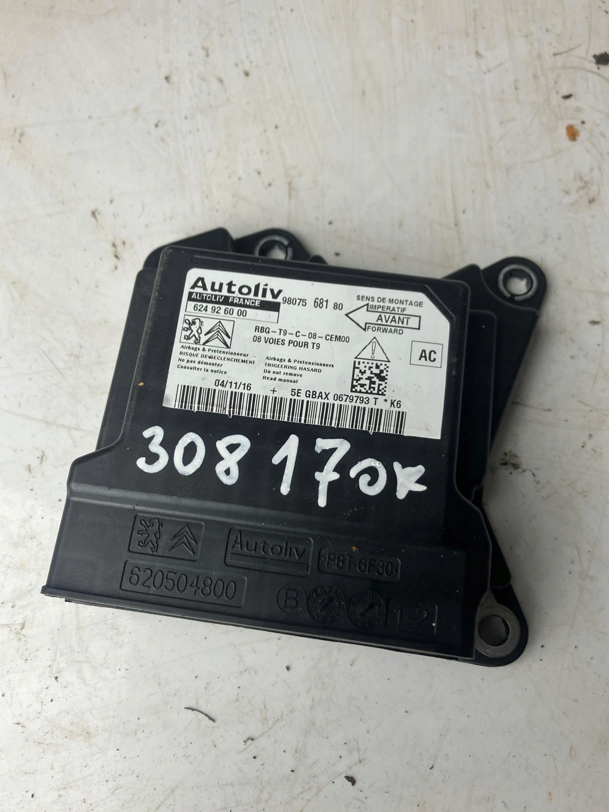 modulo SENSOR airbag PEUGEOT 308 T9 9807568180