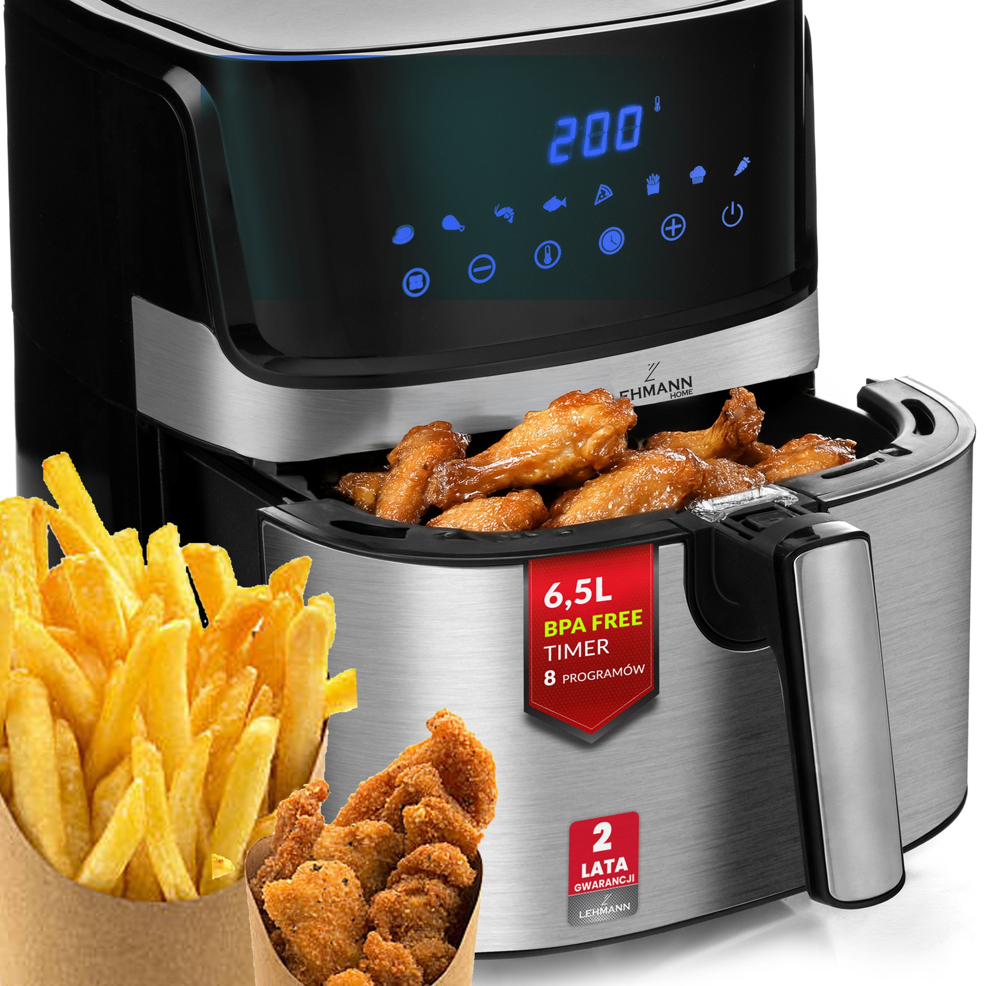 Frytkownica Beztłuszczowa Frytownica Airfryer Duża Mocna 8 Programów Panel