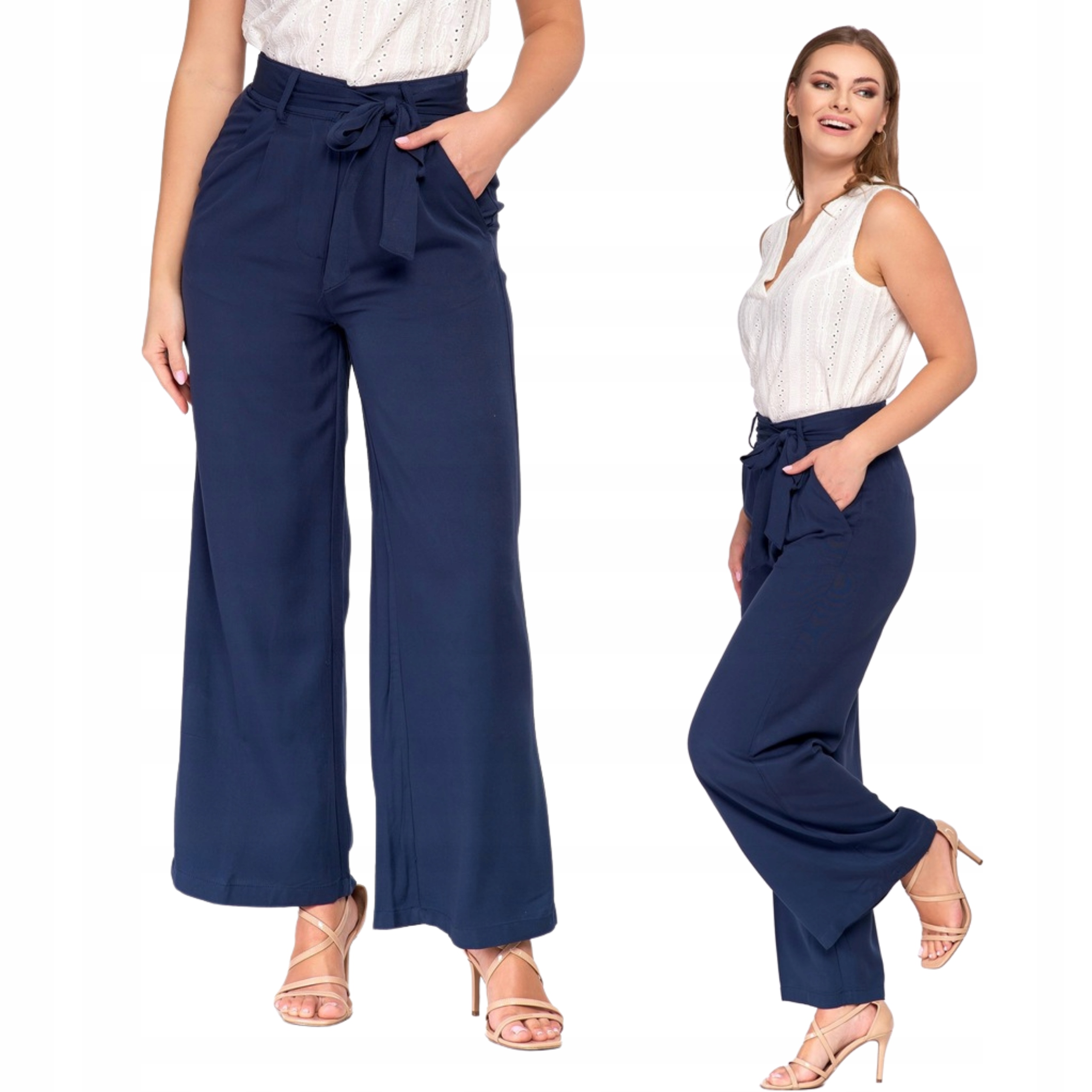 Szerokie Spodnie Damskie Z Wysokim Stanem Wiązane Wiskoza Moraj Rozm. 3XL