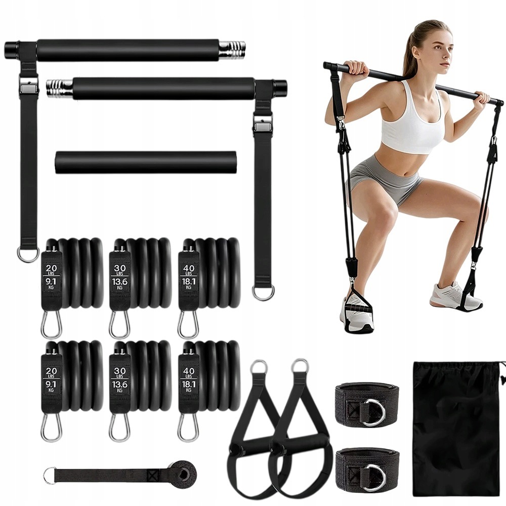 Zestaw Do Pilatesu Kij Drążek Treningowy Taśmy Oporowe 180 Funtów Czarny