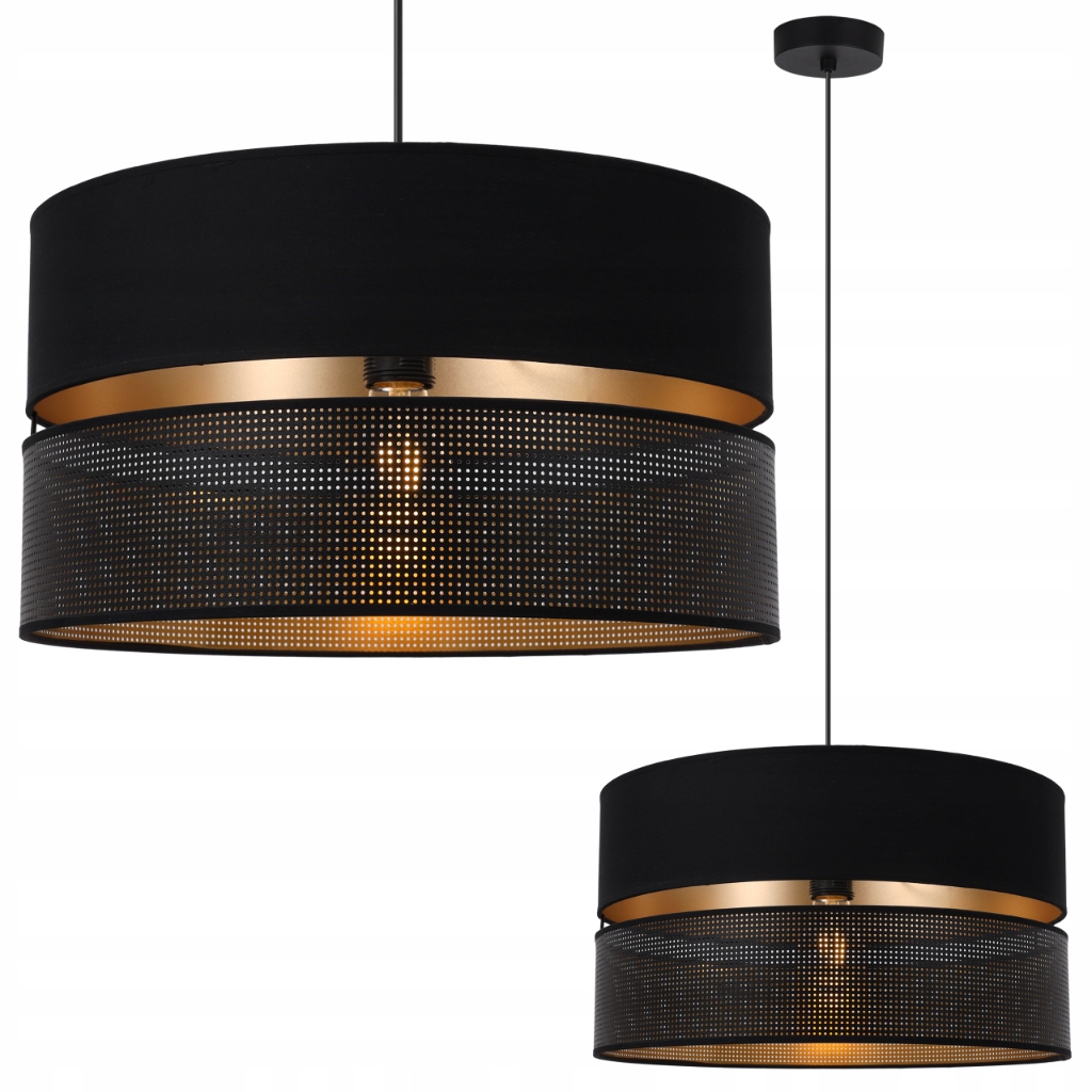 Závěsná Stropní Lampa Velká, Dvojitá, Černá, Zlaté Stínidlo, Moderní Střed