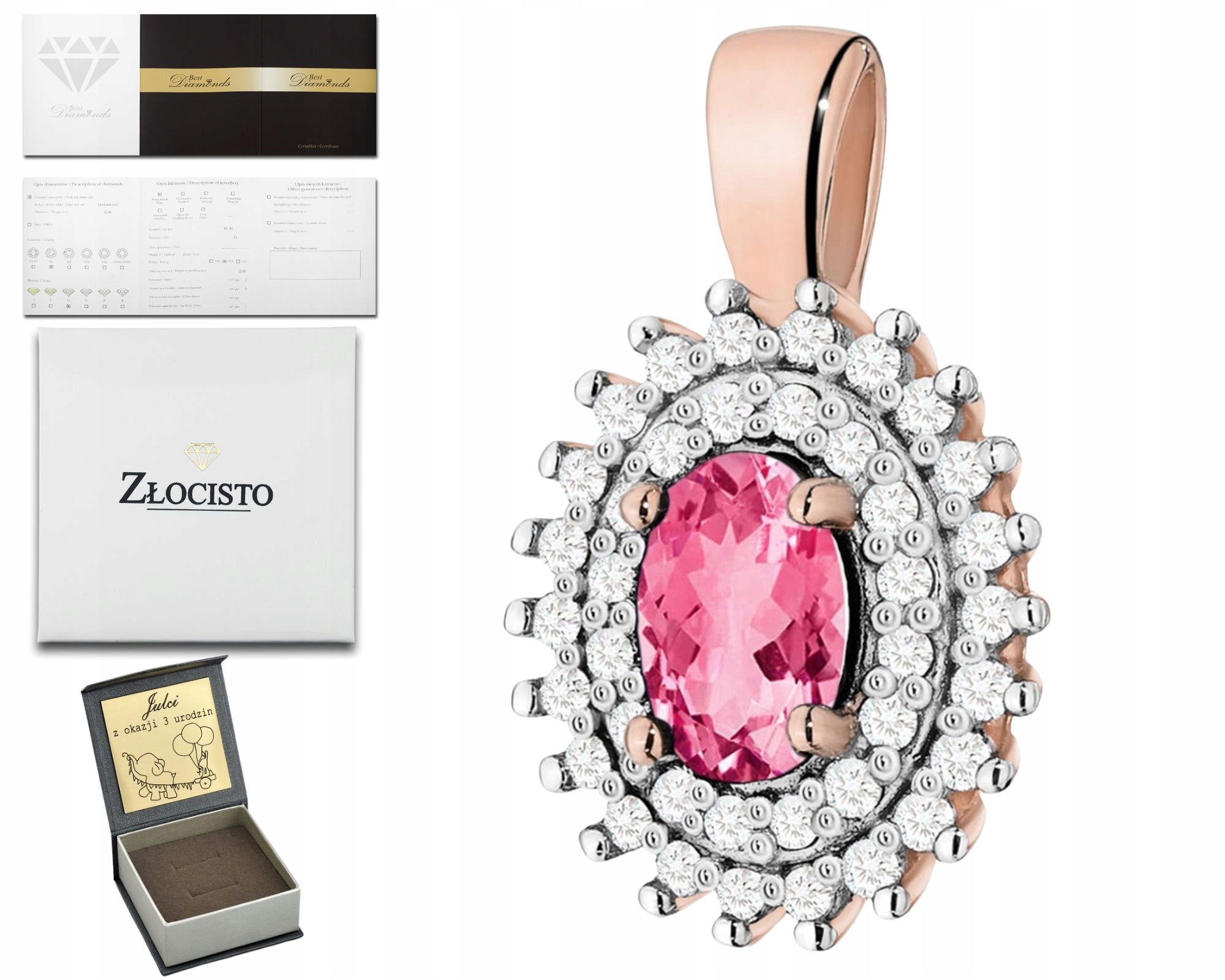 Růžový Zlatý Přívěsek S Růžovým Topazem A Diamanty, Ryzost Zlata 585
