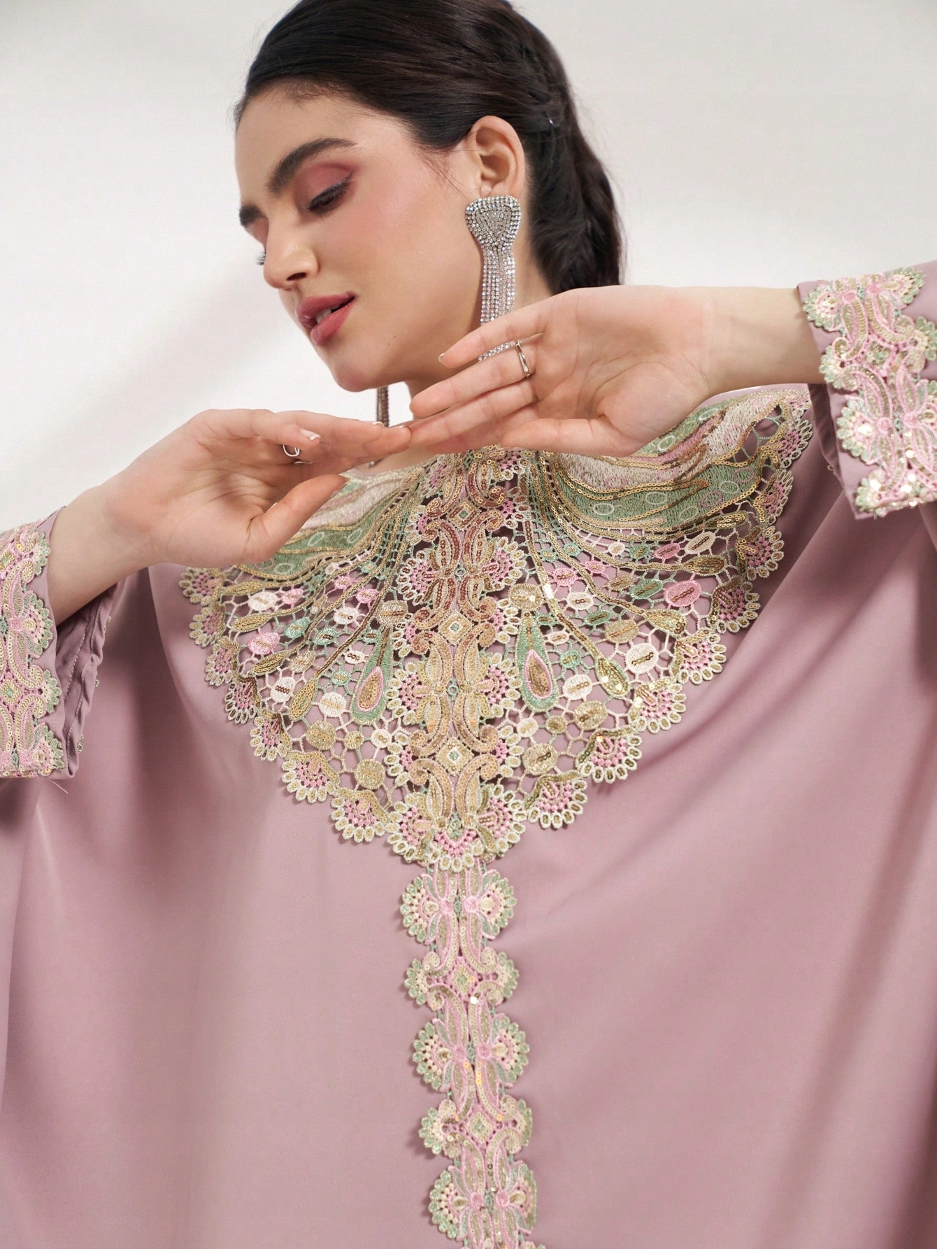 Šaty Maxi Zdobené Oversize V Arabském Stylu Růžové Shein L 40