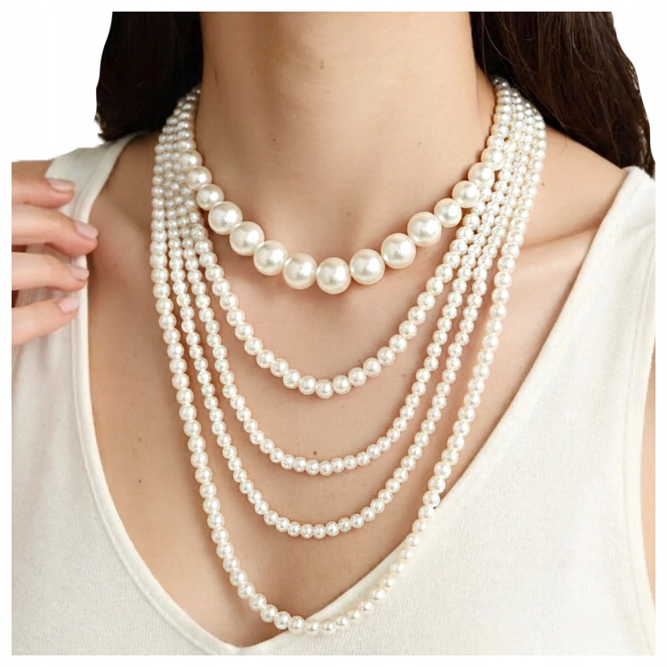 Naszyjnik Warstwowy 5w1 Kolor Srebrny Biały Perły Perełki Retro