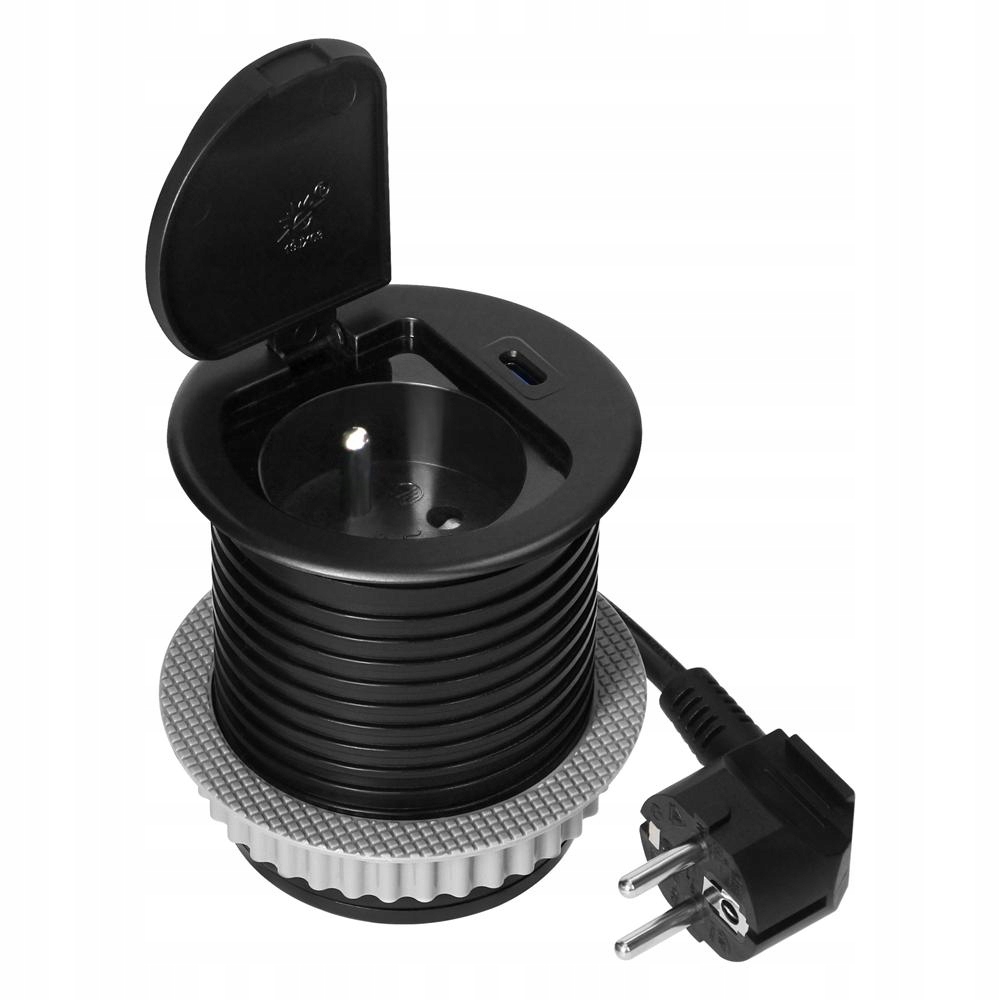 Gniazdo meblowe Ø6cm, 1,9m, 1x2P+Z (French), 1xUSB (typ C; PD20W), czarne