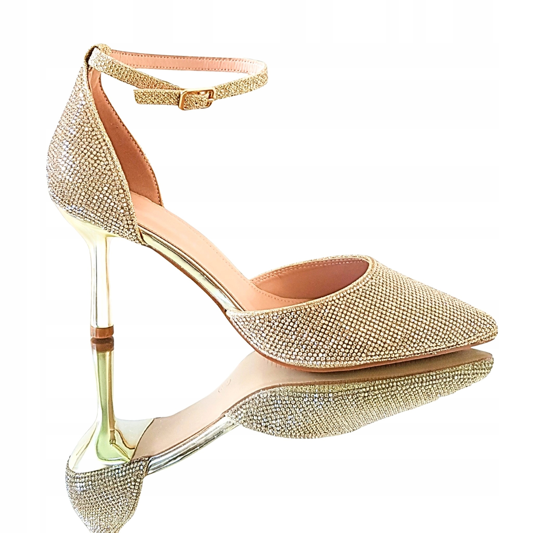 Złote Buty Czółenka Cyrkonie Metaliczne Szpilki Pasek W Kostce 41