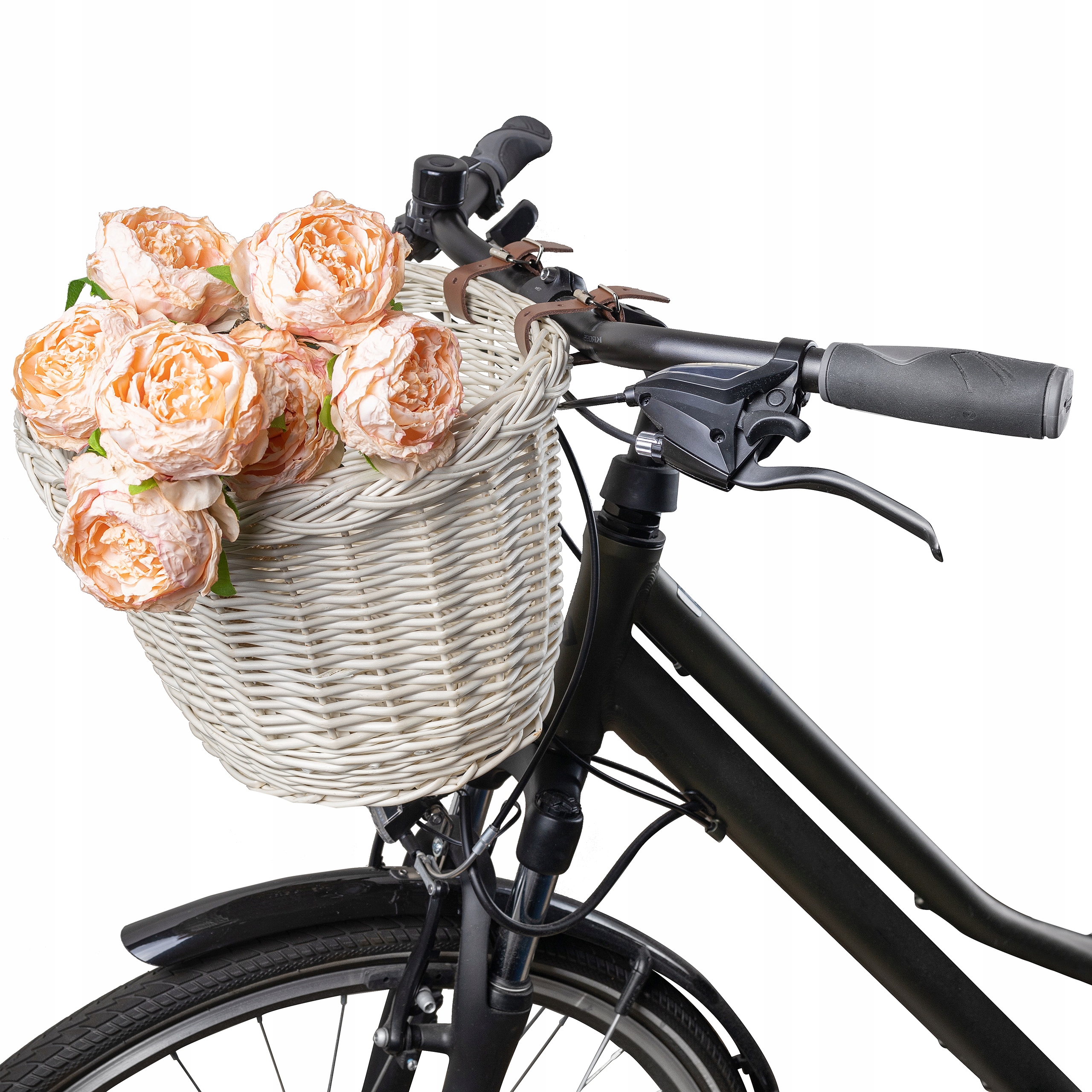 Košík na kolo proutěný, bílý, s předními popruhy na řídítka, nákupní taška