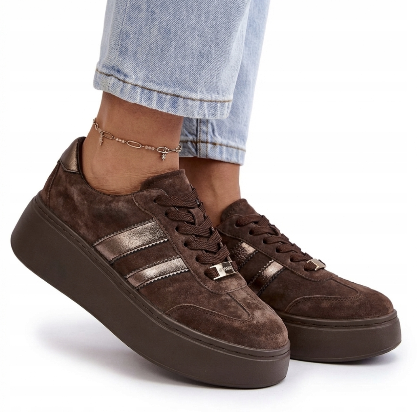 Czekoladowe Sneakersy Damskie Półbuty Goodin 1044 Buty Brązowe Platforma 40