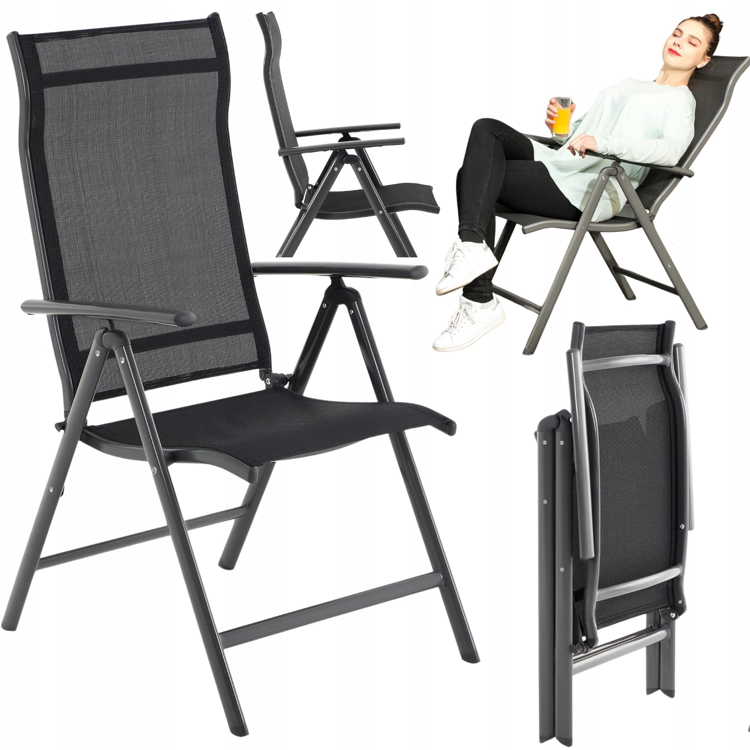 Skladacia záhradná balkónová stolička s reguláciou opierky a hliníkovou podložkou, čierna