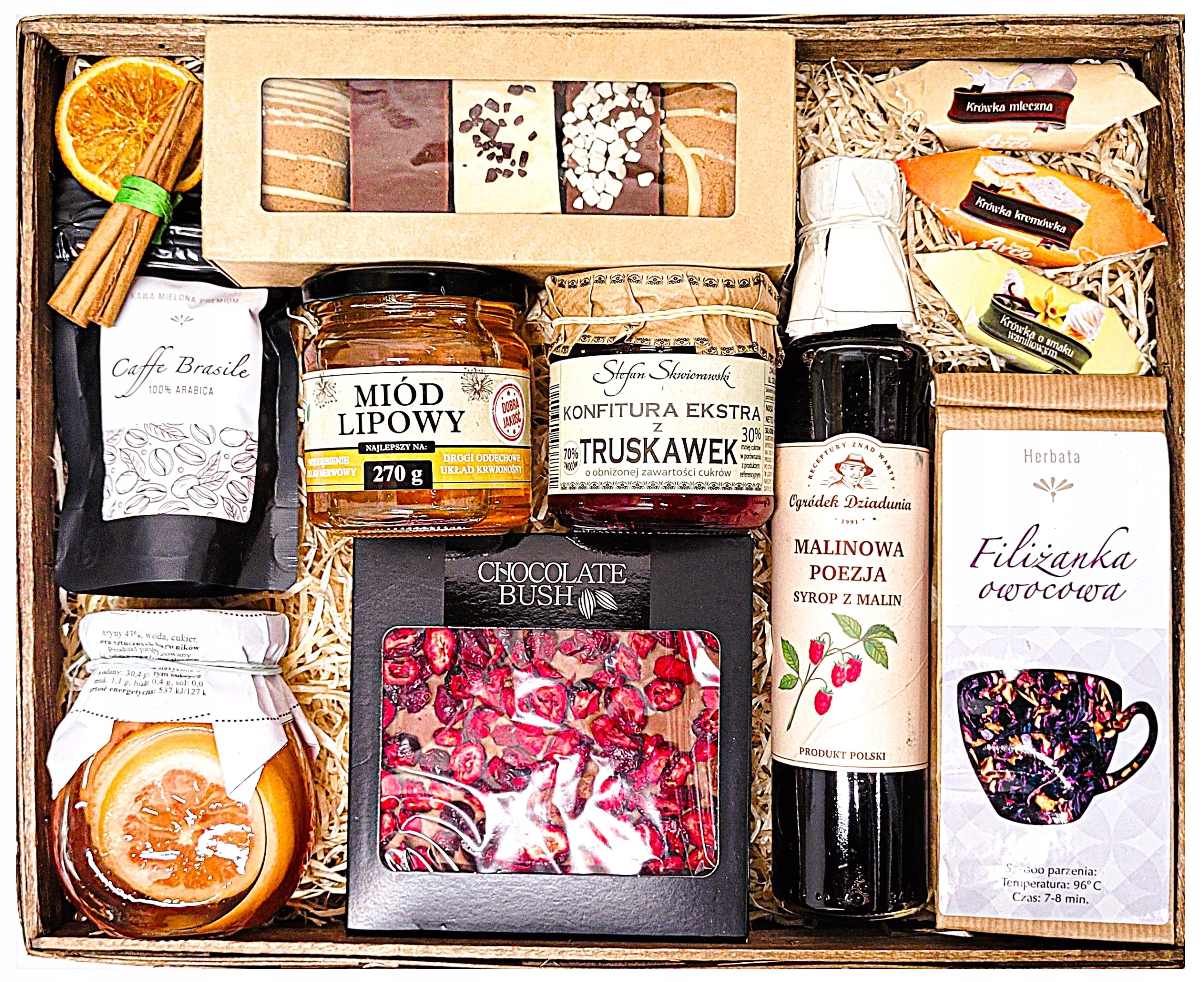 Duży Kosz Prezentowy Upominek Herbata Miód Czekolada Syrop Malina