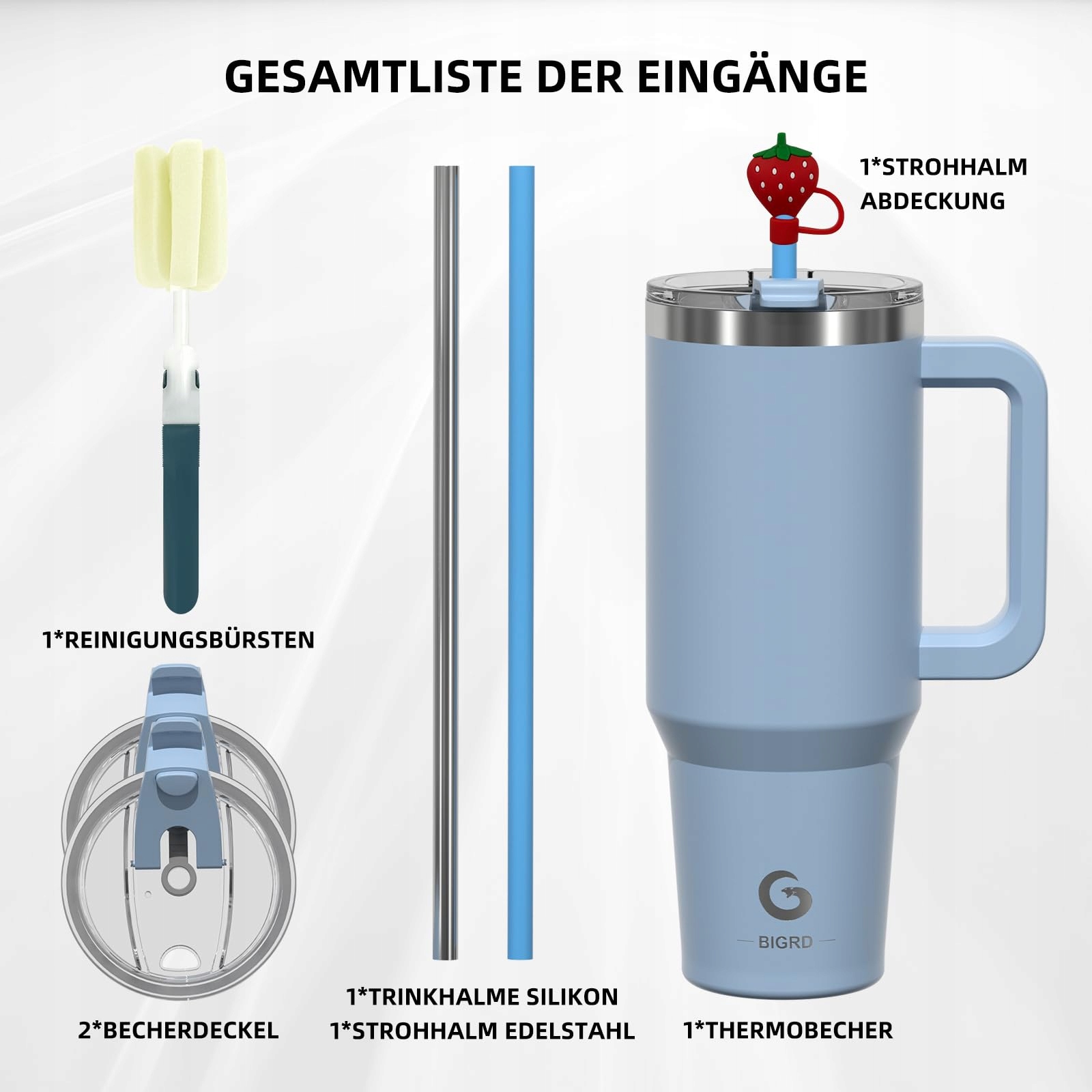 BIGRD Kubek Termiczny Ze Stali Nierdzewnej Z Uchem I Słomką 1.18L Niebieski — miniatura 9