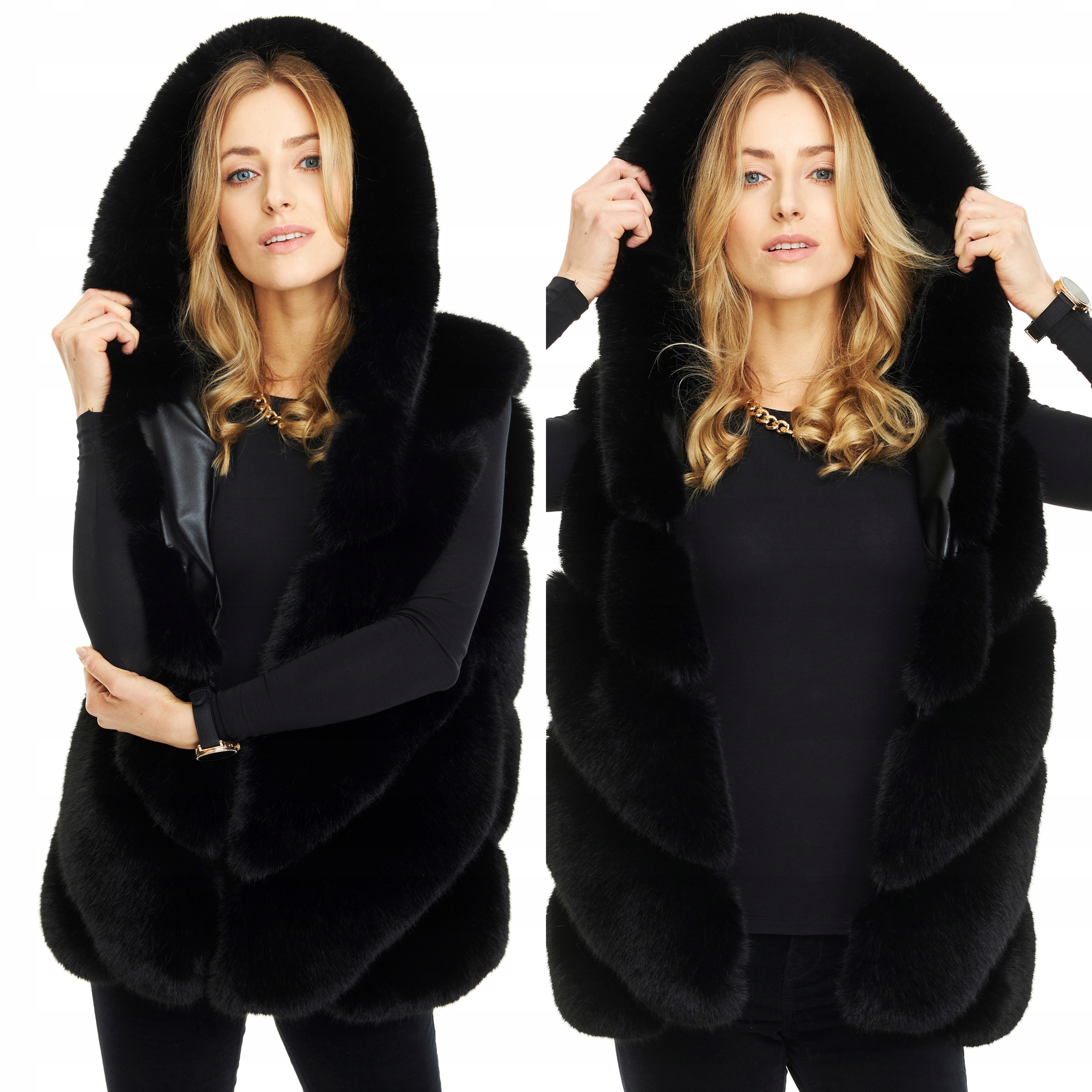 

Kamizelka Futrzana Z Kapturem grube futro czarna