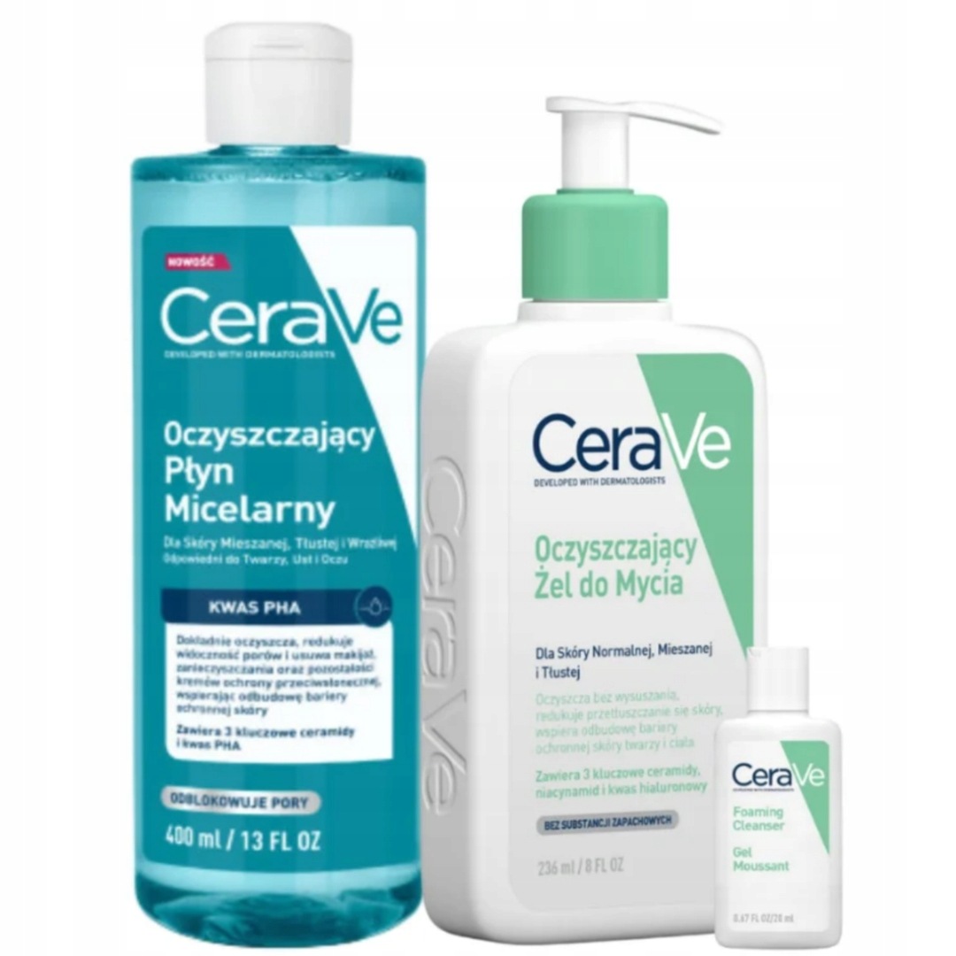 CeraVe Zestaw Oczyszczający skóra tłusta Płyn Micelarny Żel do mycia