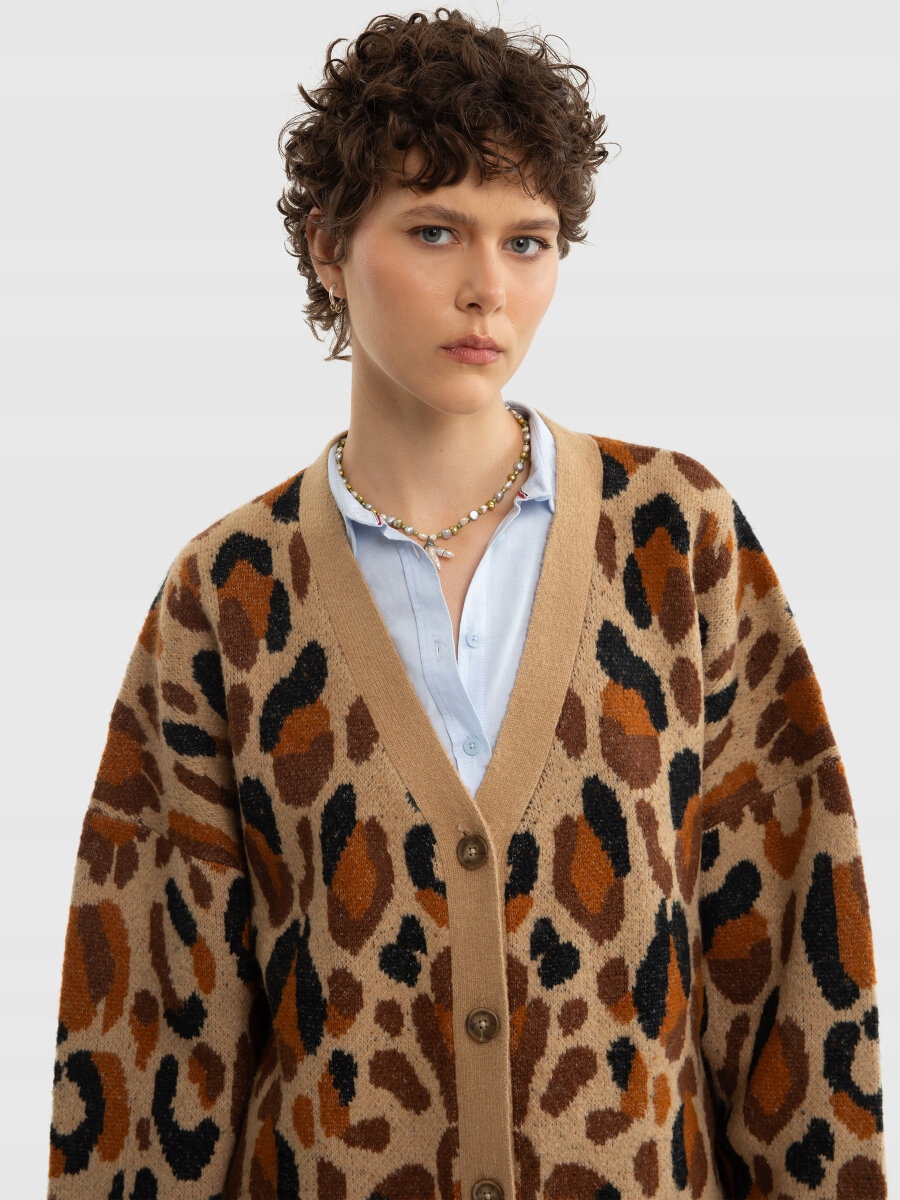 Big Star Dámský Svetr Kardigan S Leopardím Vzorem Hnědý Pantira 000 One Size