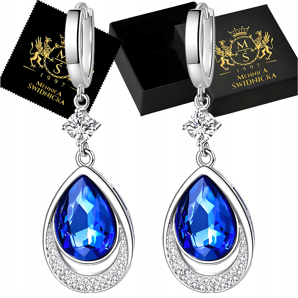 Kolczyki Srebrne Wiszące Krople z Niebieską Cyrkonią ze Srebra 925 Grawer