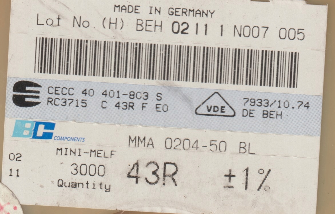[100szt] 43R 1% 50ppm rezystor Smd minimelf MMA0204 Beyschlag low noise