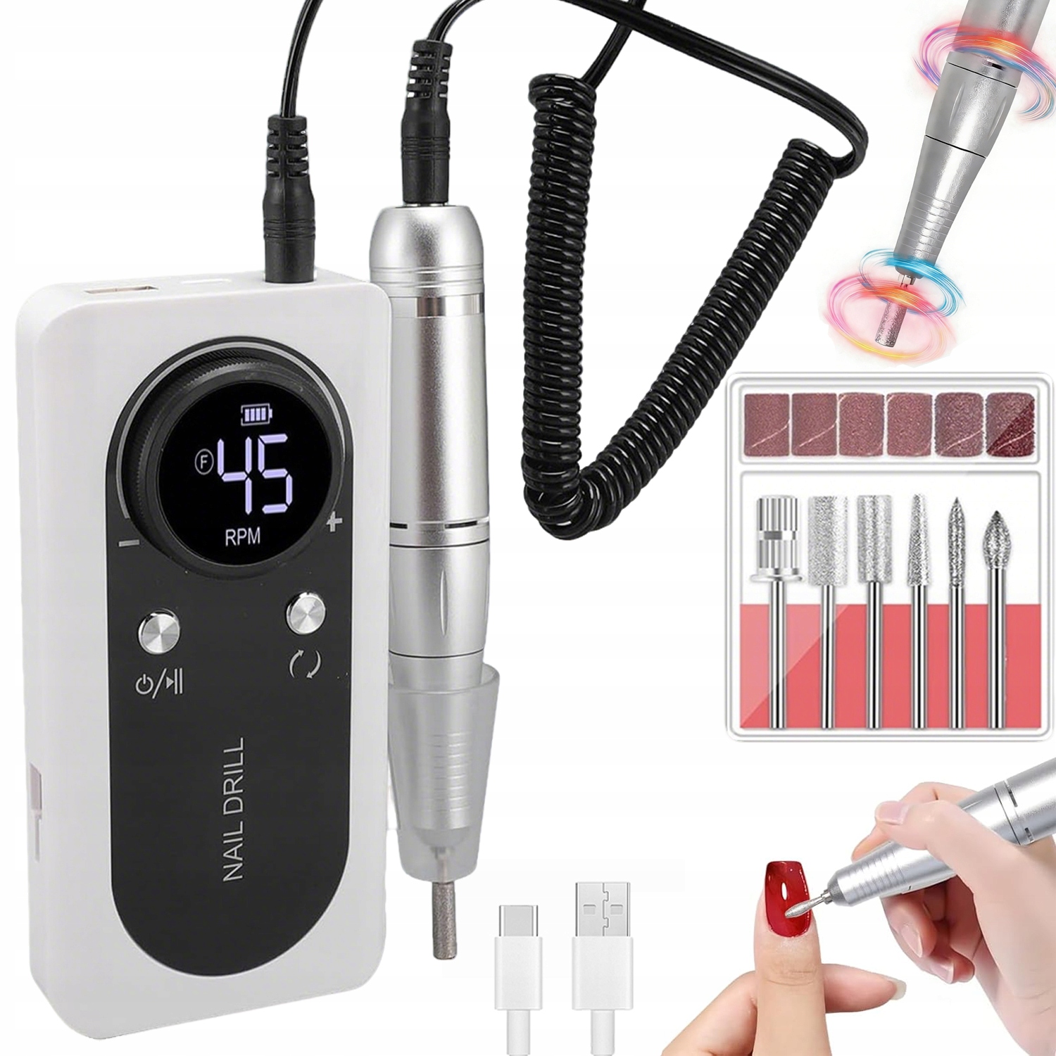 Bruska na nehty Hybridní bezdrátová 45000 ot/min sada frézek