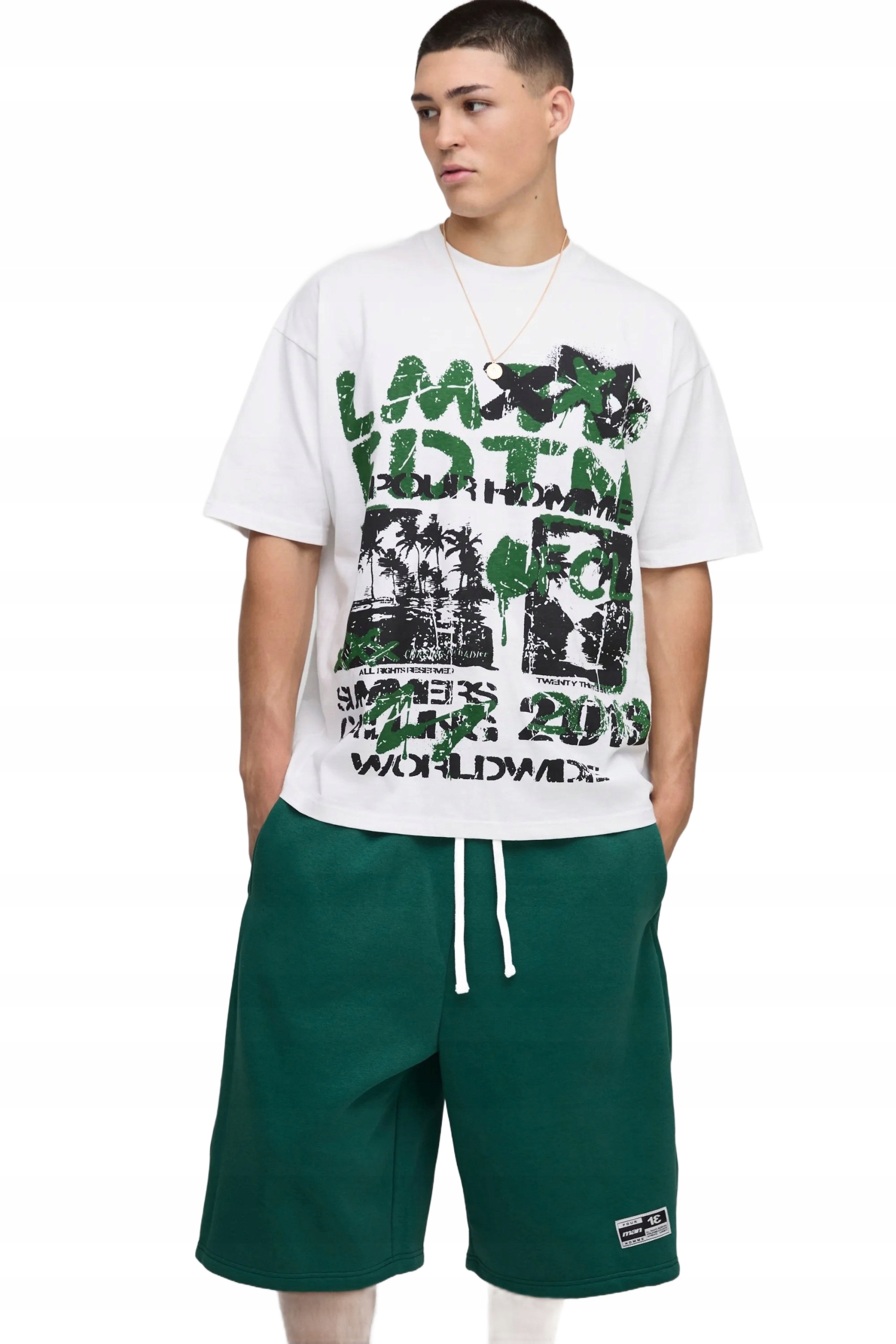 Boohooman Pánský Komplet Bílého Trička Se Zeleným Potiskem Kraťasy S Z3A