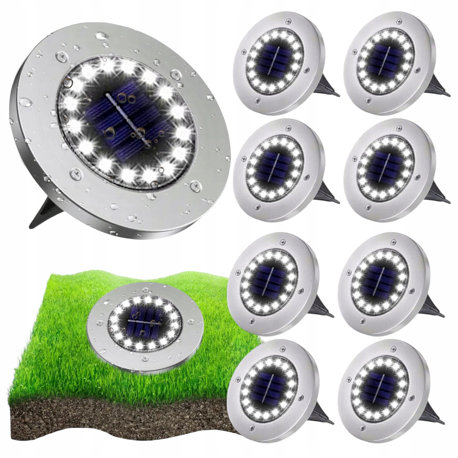 8x Lampa Solarna Dysk 16 Led Ogrodowa Wbijana Gruntowa Najazdowa Czujnik