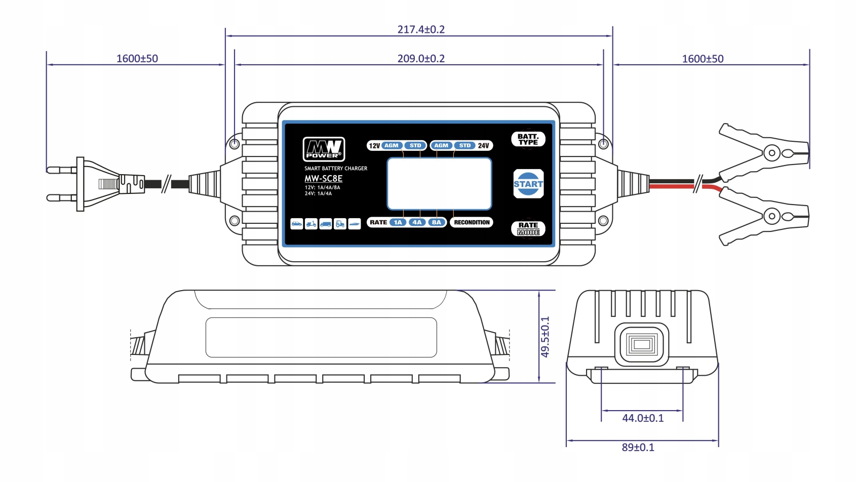 ŁADOWARKA DO AKUMULATORÓW 12V 24V 8A MW SC8E Natężenie maksymalne 8 A