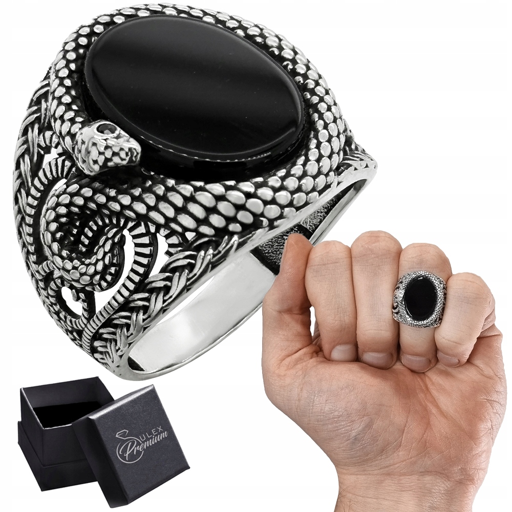 Stříbrný signet Had ryzost 925 Prsten s oválným onyxem a hadicí vel.