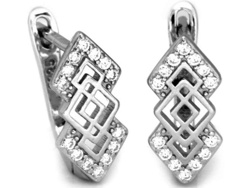 Stříbrné náušnice 925, tři kosočtverce se zirkony, moderní vzor jako dárek