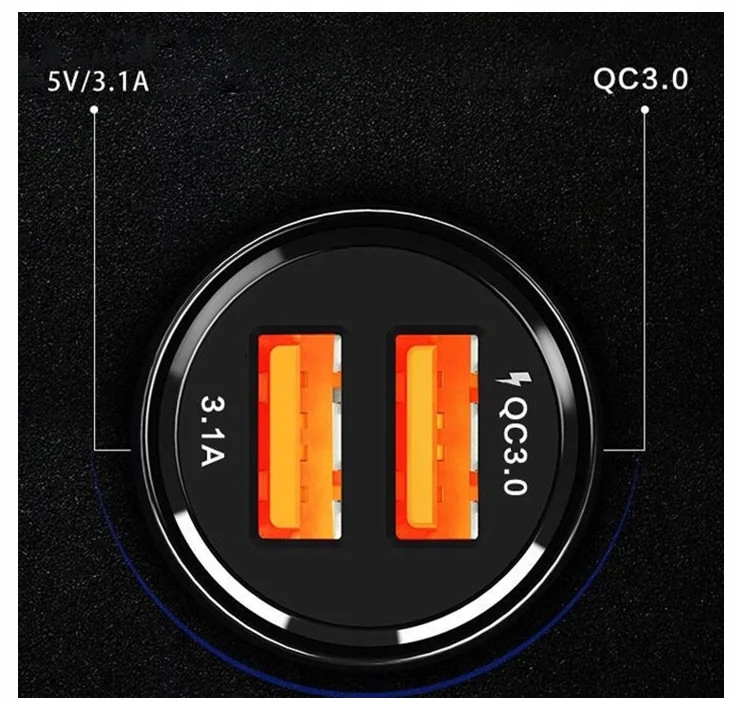 MOCNA ŁADOWARKA SAMOCHODOWA ZASILACZ 2XUSB SZYBKIE ŁADOWANIE 3,1A Złącza USB