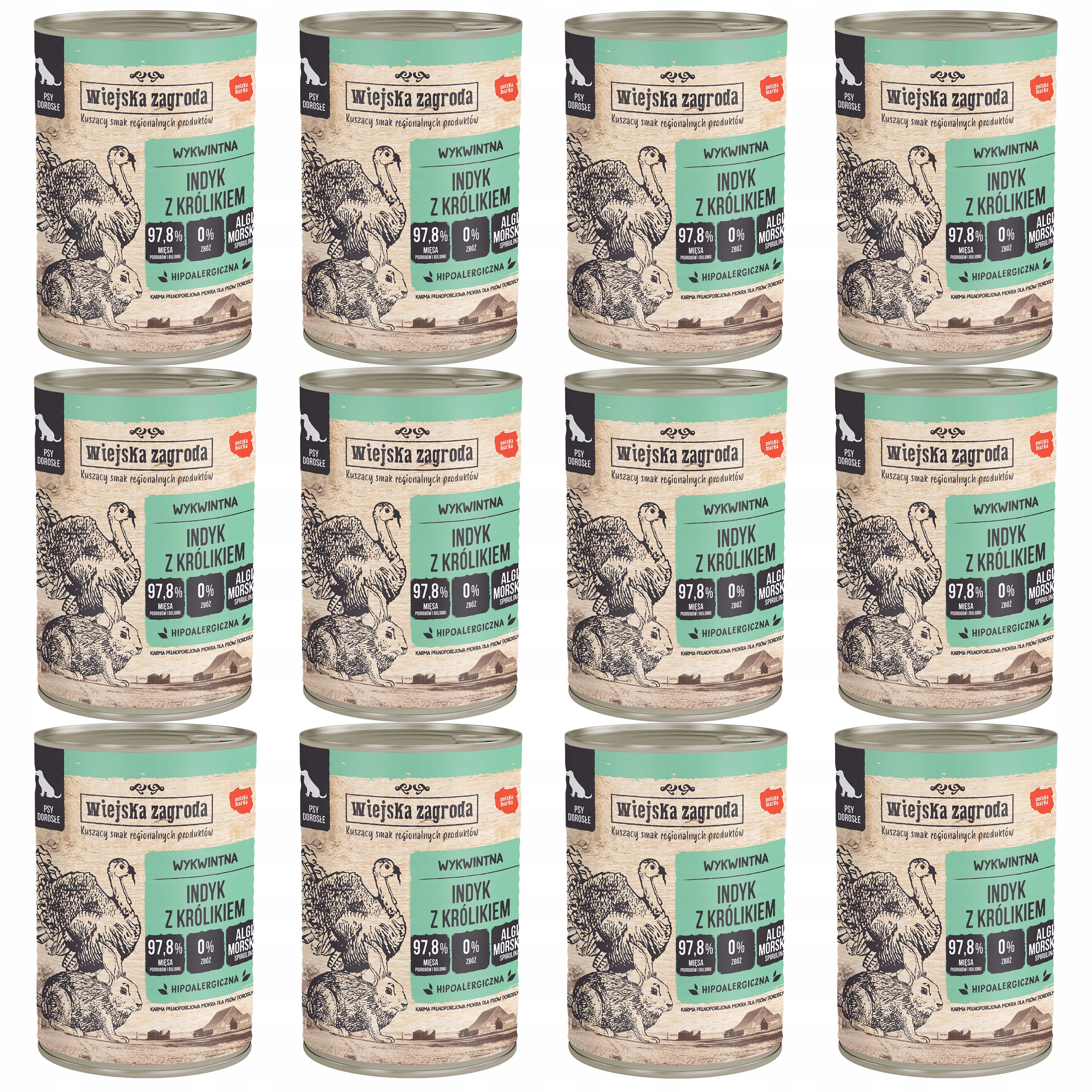 Wiejska Zagroda Vlhké krmivo pro psy Krůta Králík 12 x 400 g bez obilovin