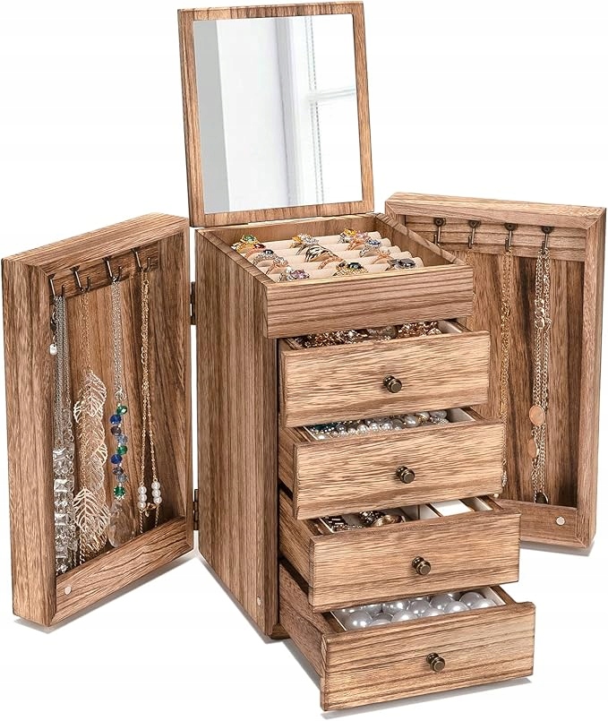 Emfogoo Organizér na šperky se zrcadlem, Rustikální dřevo 5 úrovní