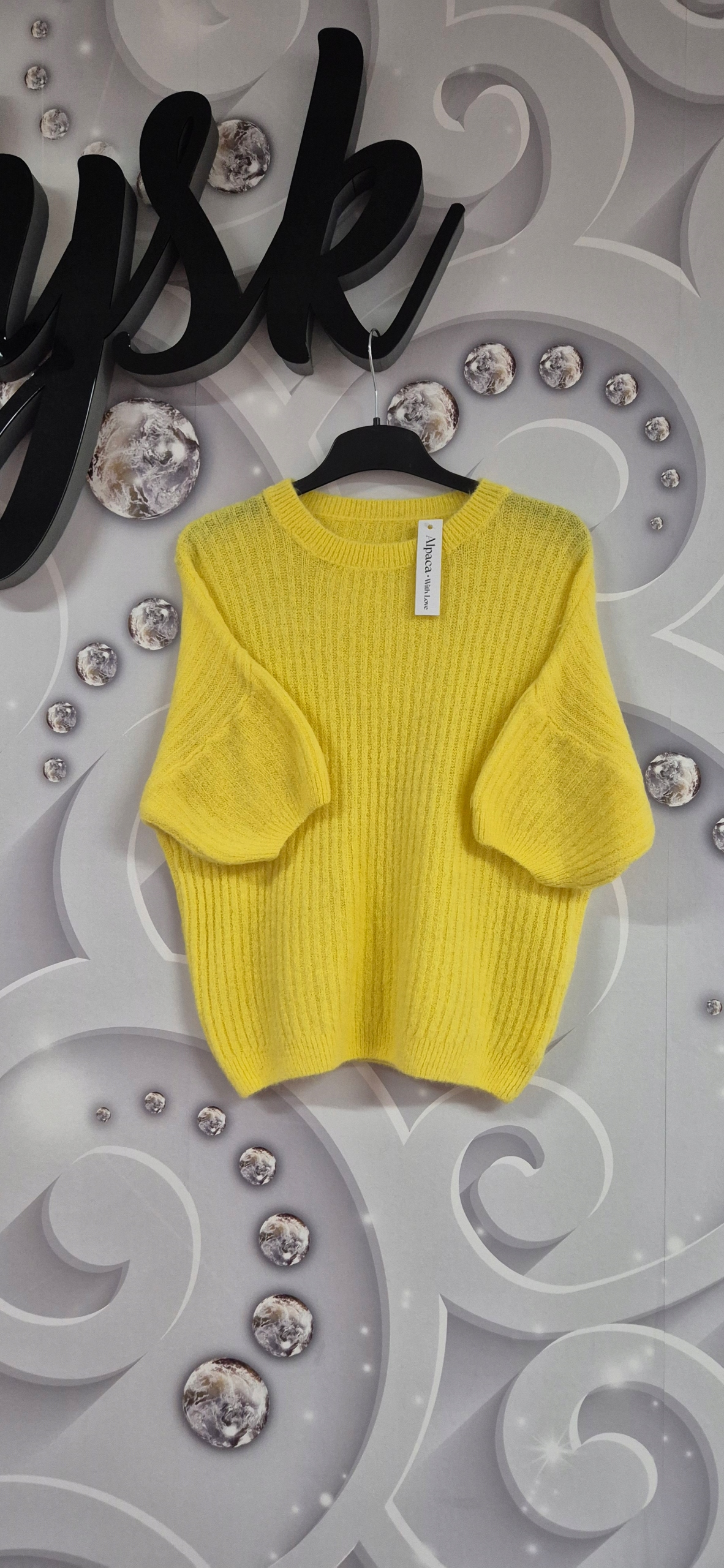 elegantní volný 3/4 svetr Premium baby alpaka uni žlutý