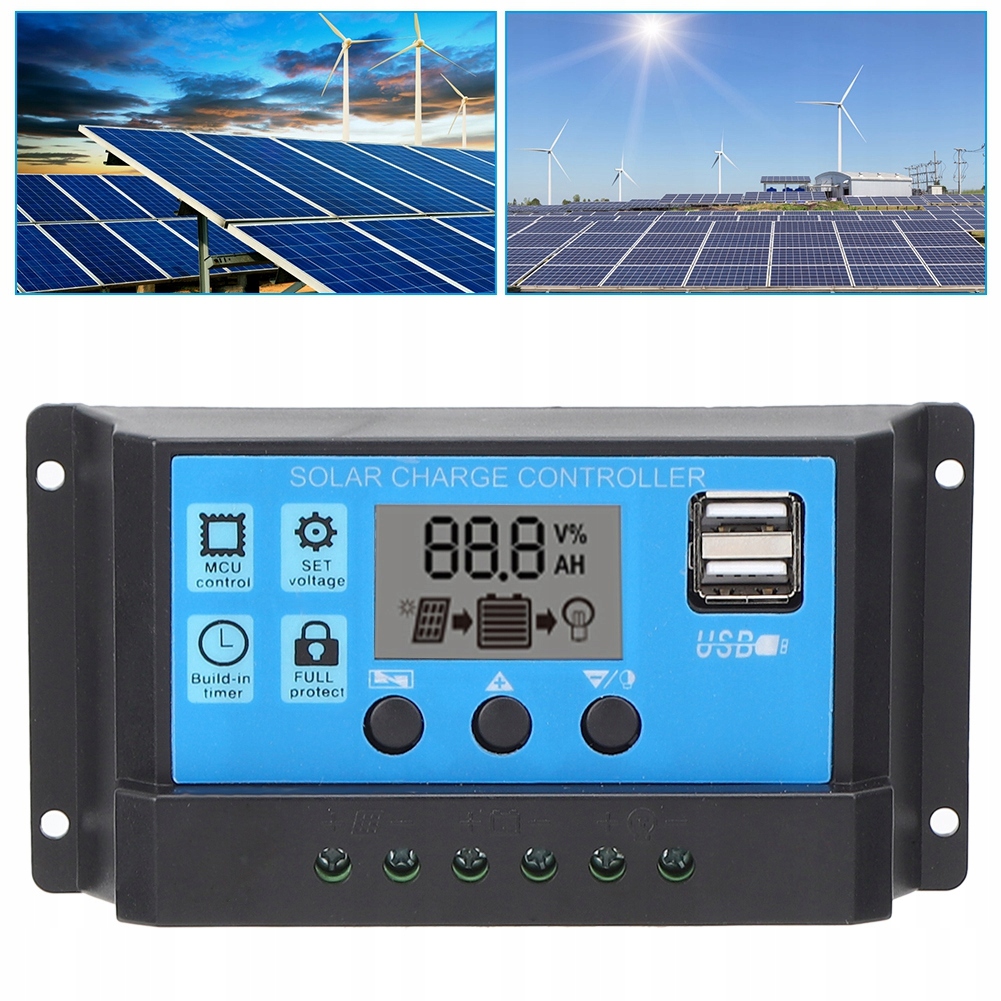 REGULATOR ŁADOWANIA 12V 24V KONTROLER SOLARNY 30A LCD 2xUSB PWM