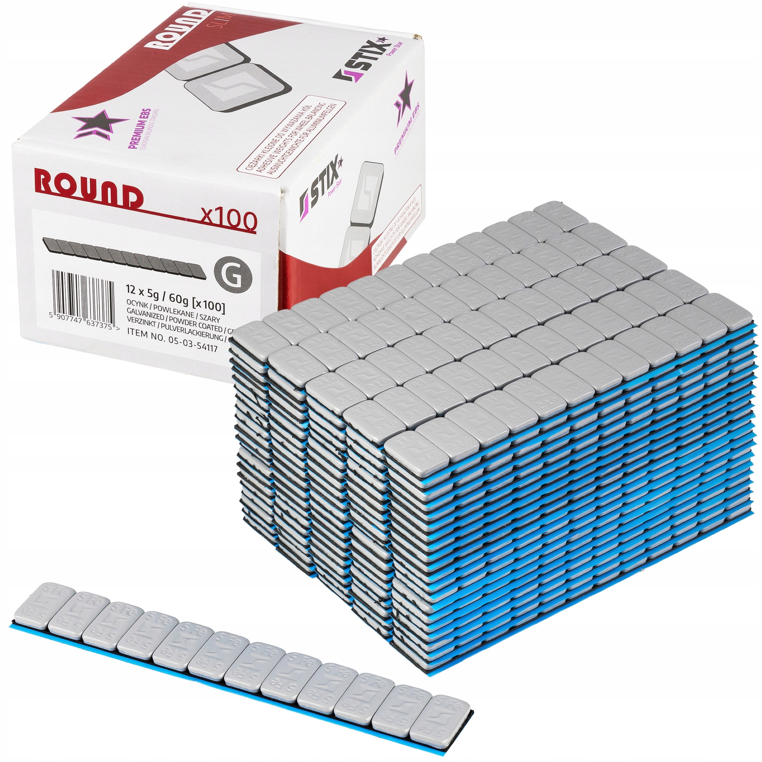 CIĘŻARKI KLEJONE FE 5G ROUND 100 SZT PASKÓW POWLEKANE DO FELG KÓŁ STIX