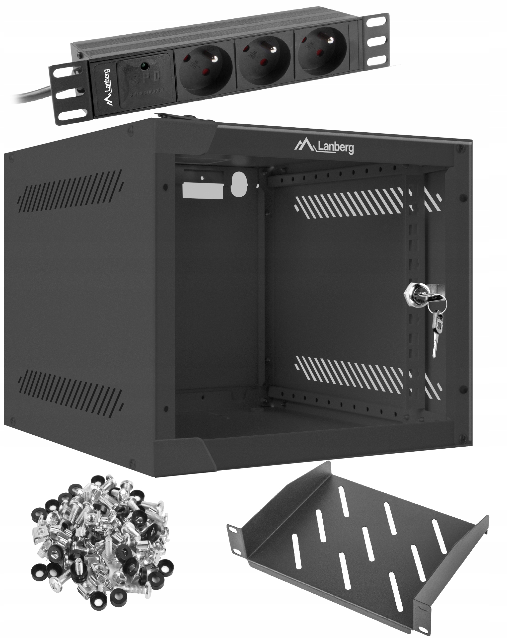 Szafa monitoring wisząca Rack 10" 4U półka listwa Pdu śruby Czarna