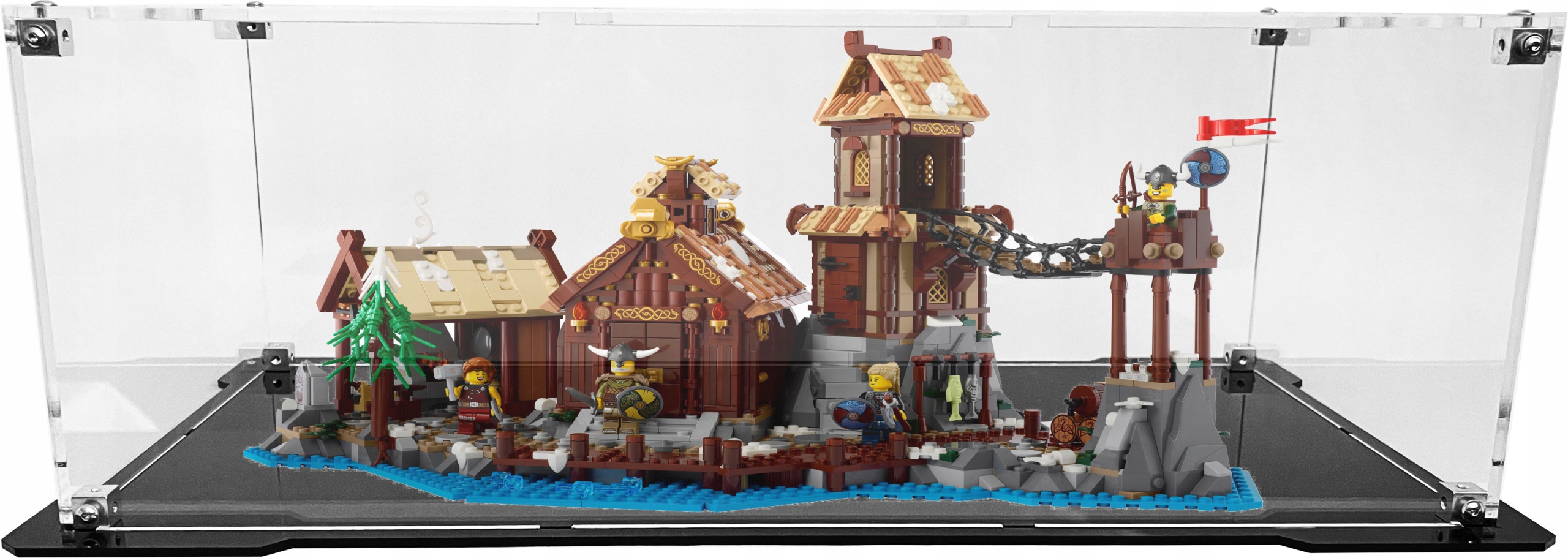 Vitrína s černou základnou pro stavebnici Lego 21343 Ideas – Vikingská vesnice
