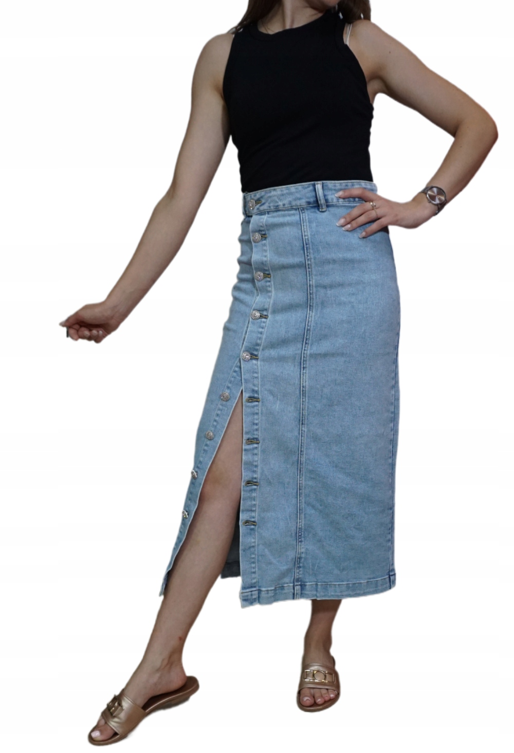 KLASYCZNA DŁUGA SPÓDNICA MIDI JEANSOWA OŁÓWKOWA DOPASOWANA GUZIKI S Rozmiar S