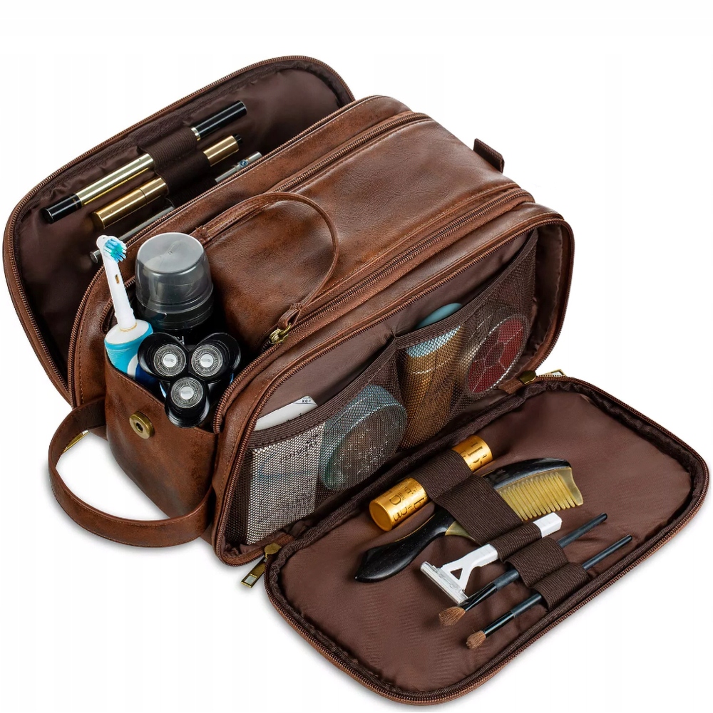 Pánská Cestovní Kosmetická Taška Z Kůže, Hnědá, 3 Komory, Organizér Na Potřeby