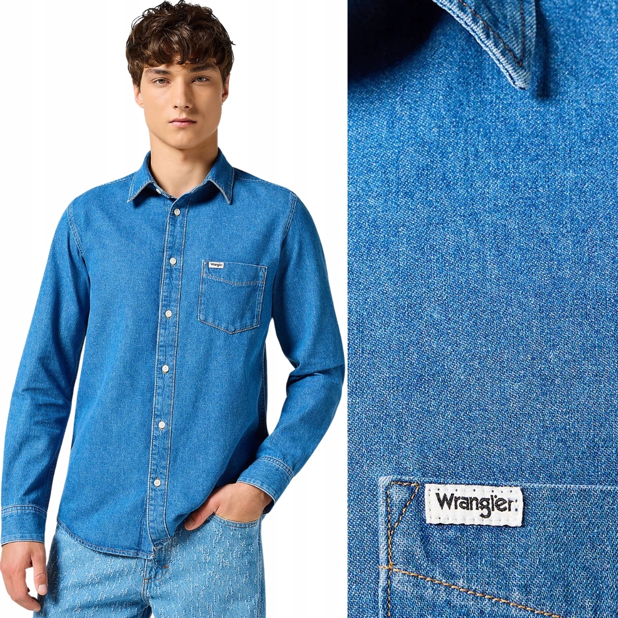 Wrangler 1 Pocket Shirt Mid Stone pánská džínová košile Regular Fit S